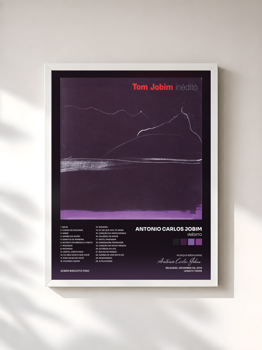 #blanc Tableau de l'album Inédito de Antonio Carlos Jobim, cadre blanc, imprimé et encadré en France
