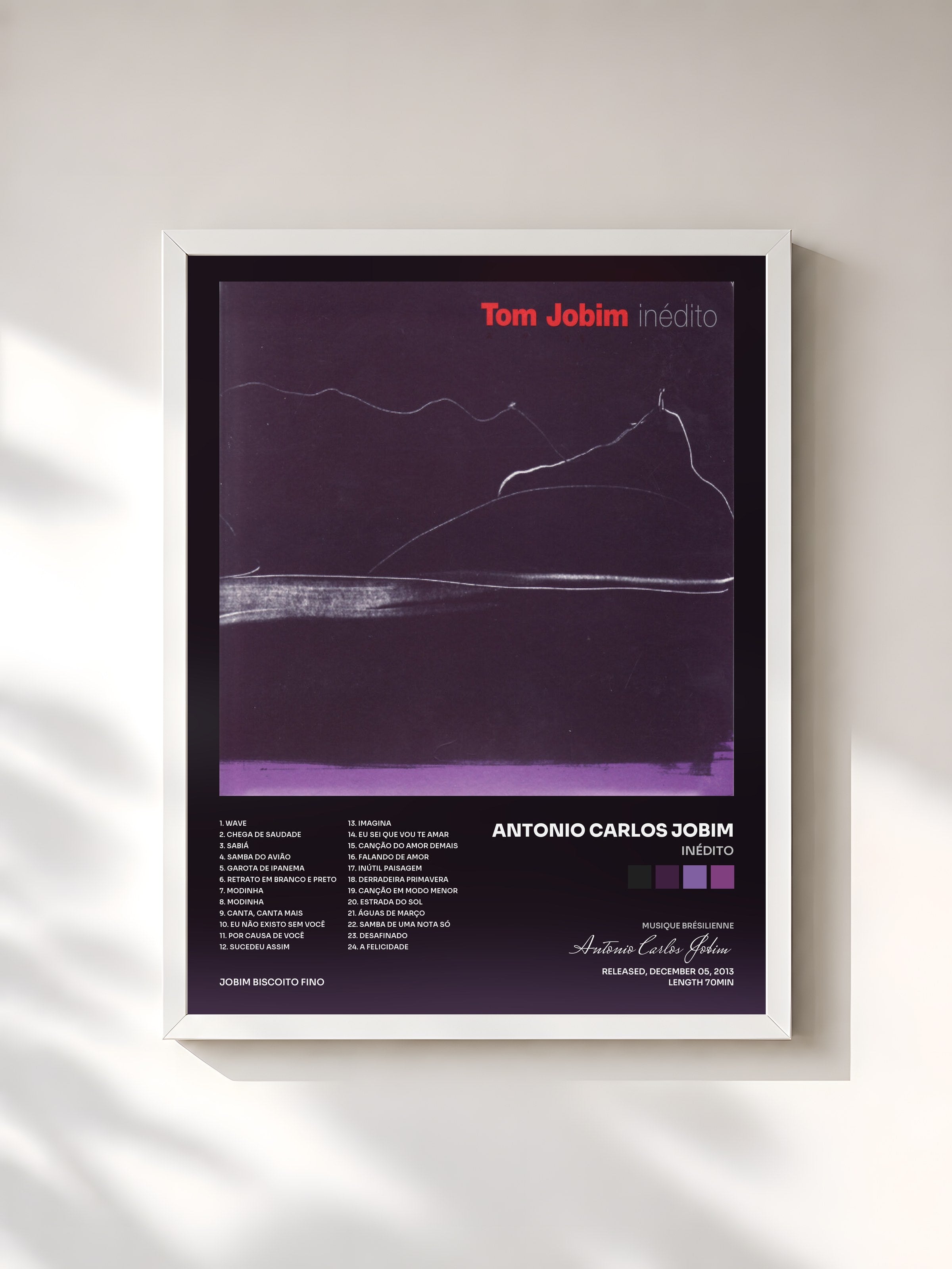#blanc Tableau de l'album Inédito de Antonio Carlos Jobim, cadre blanc, imprimé et encadré en France