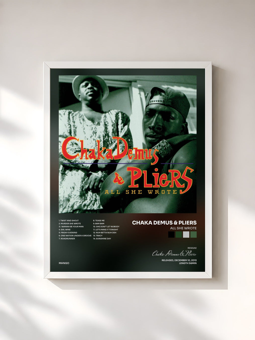#blanc All She Wrote by Chaka Demus & Pliers as a framed art print, white frame, printed and framed in France