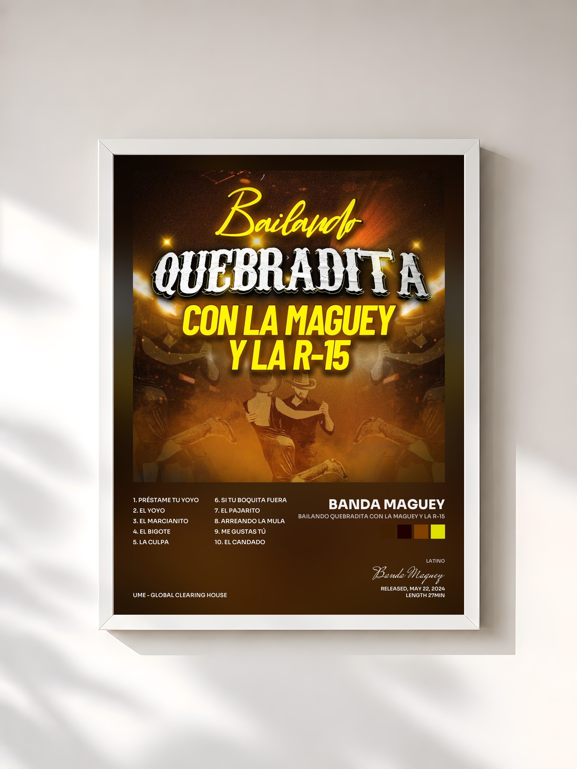 #blanc Tableau de l'album Bailando Quebradita Con La Maguey Y La R-15 de Banda Maguey, cadre blanc, imprimé et encadré en France