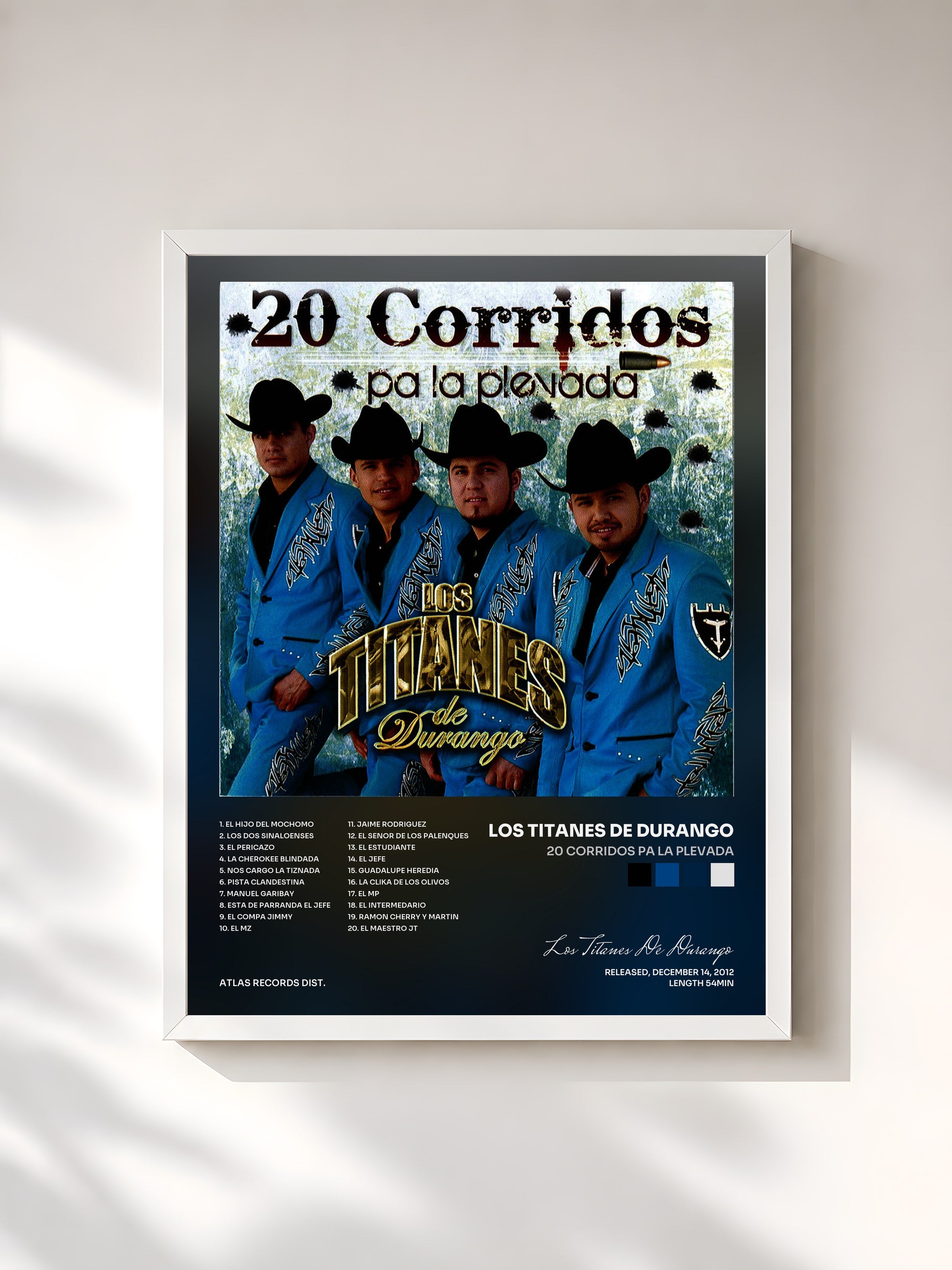 #blanc Tableau de l'album 20 Corridos Pa La Plevada de Los Titanes De Durango, cadre blanc, imprimé et encadré en France