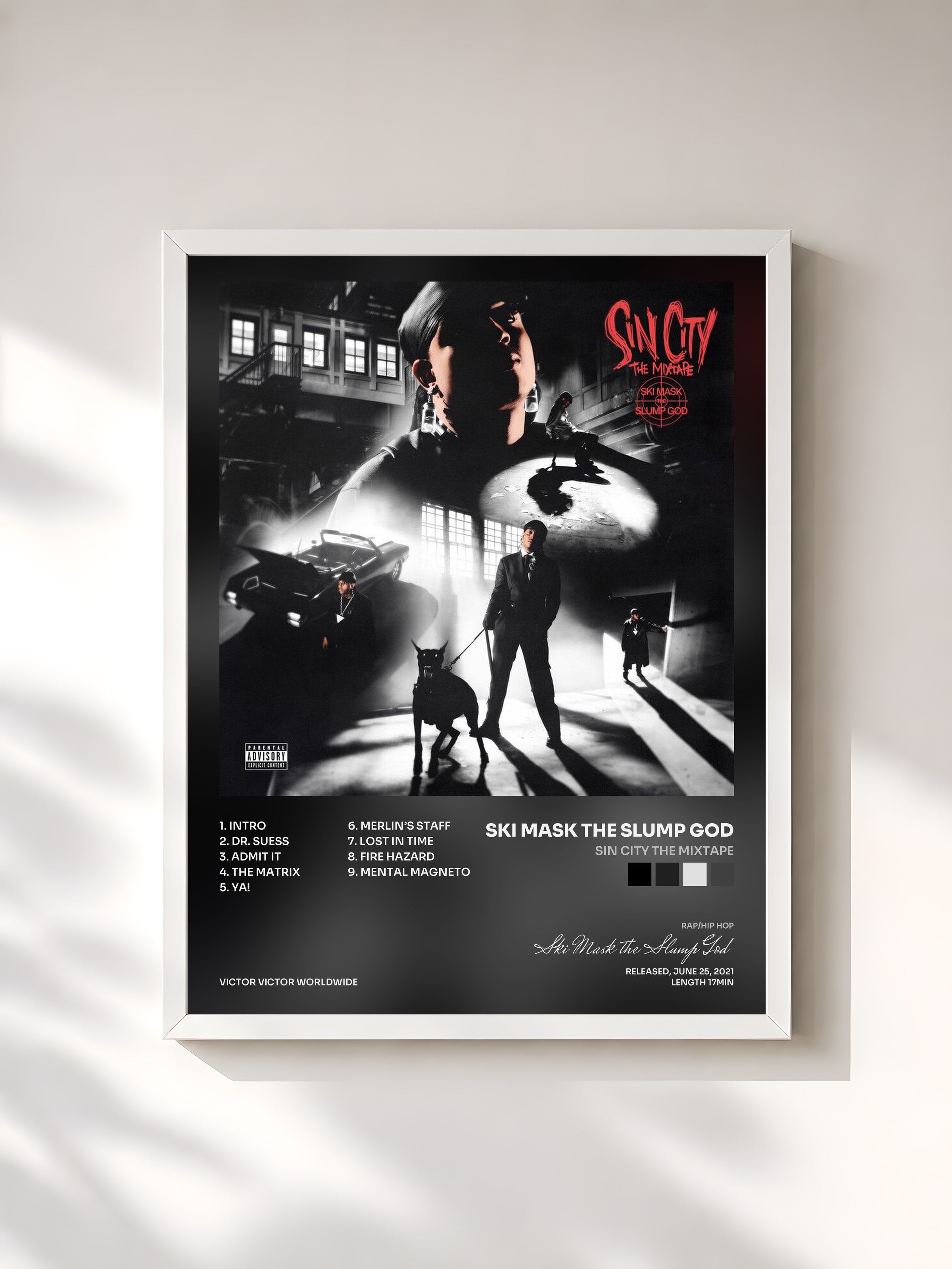 #blanc Tableau de l'album Sin City The Mixtape de Ski Mask the Slump God, cadre blanc, imprimé et encadré en France