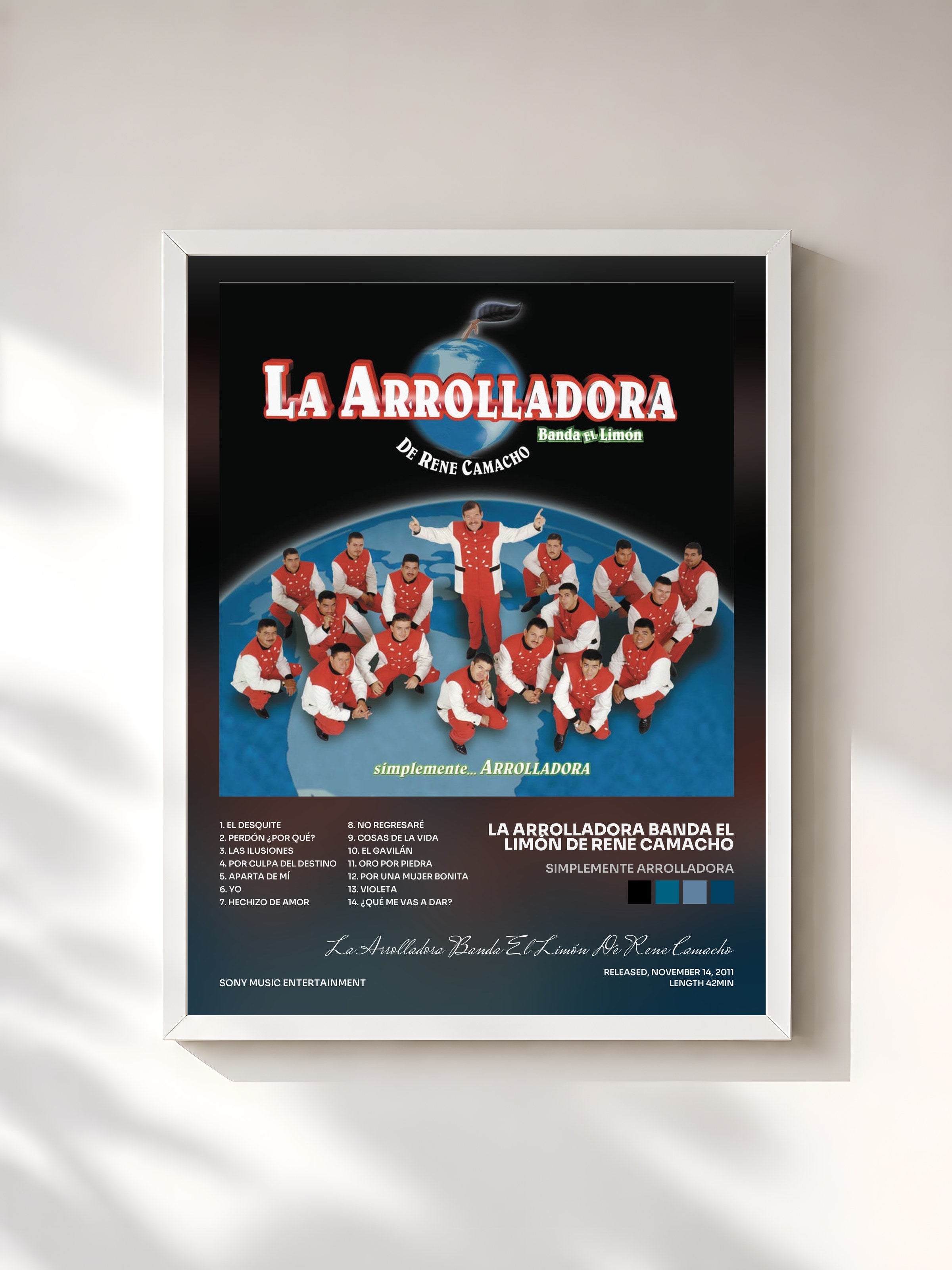 #blanc Tableau de l'album Simplemente Arrolladora de La Arrolladora Banda El Limón De Rene Camacho, cadre blanc, imprimé et encadré en France