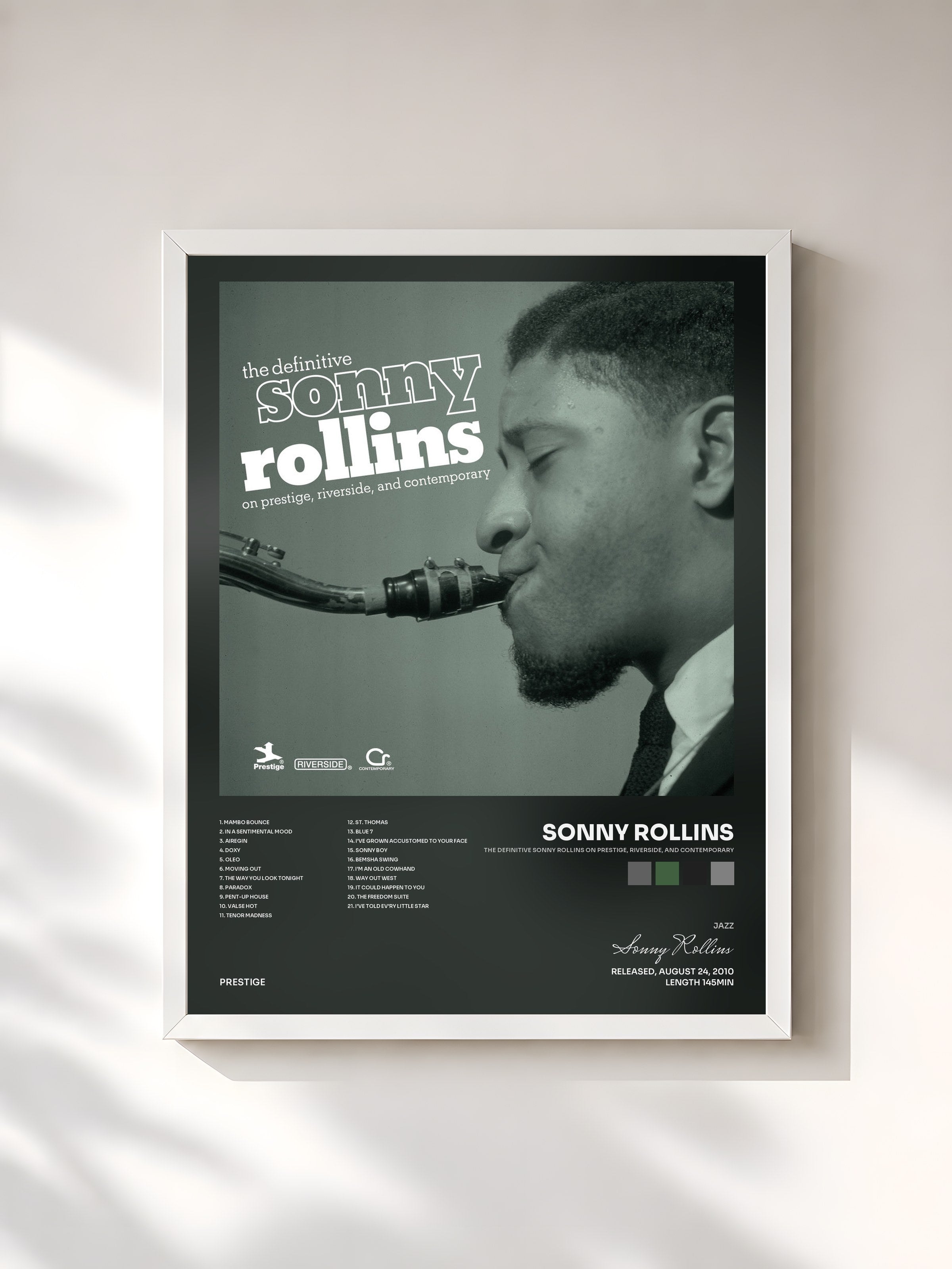 #blanc Tableau de l'album The Definitive Sonny Rollins On Prestige, Riverside, And Contemporary de Sonny Rollins, cadre blanc, imprimé et encadré en France
