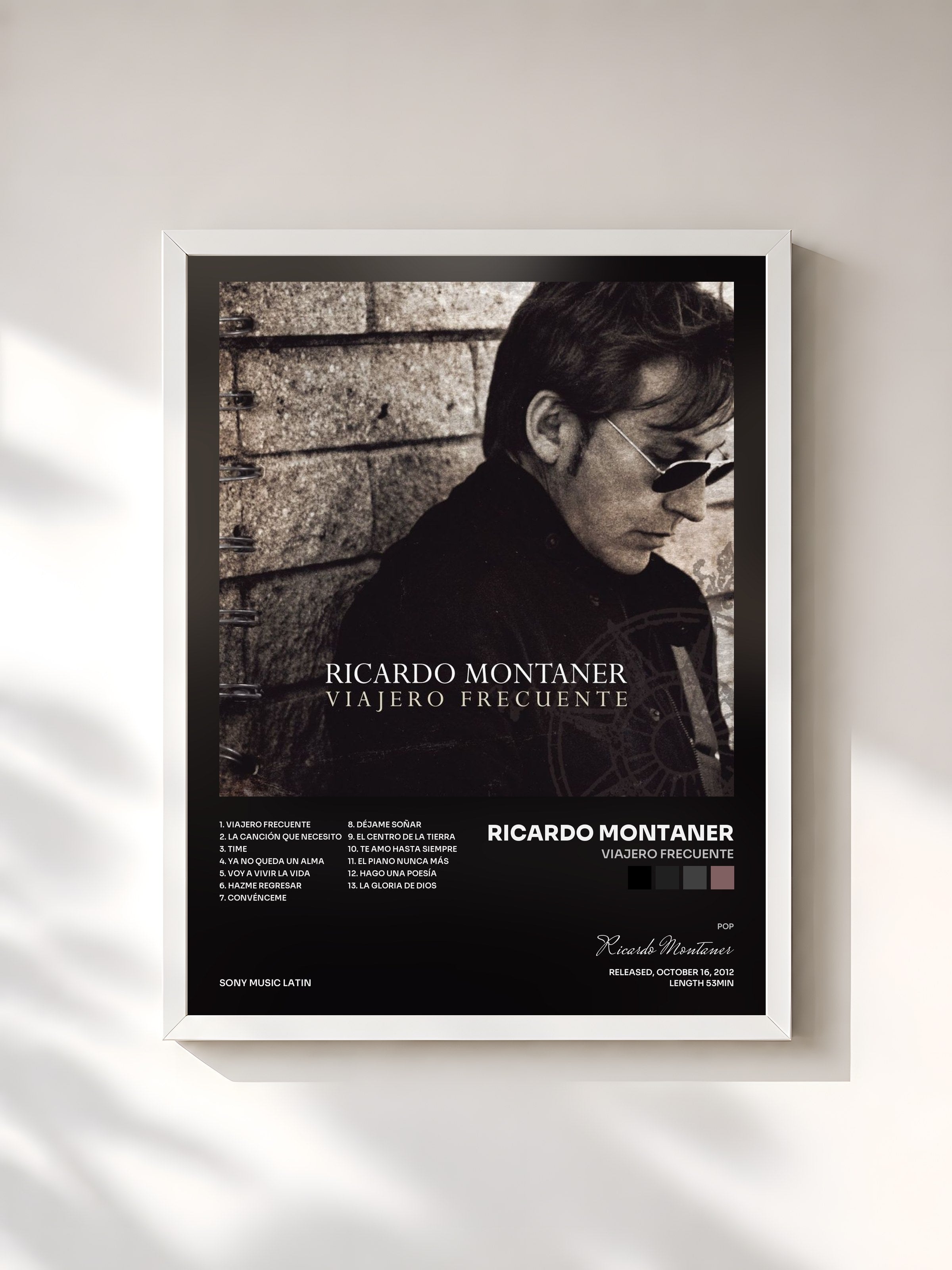 #blanc Tableau de l'album Viajero Frecuente de Ricardo Montaner, cadre blanc, imprimé et encadré en France