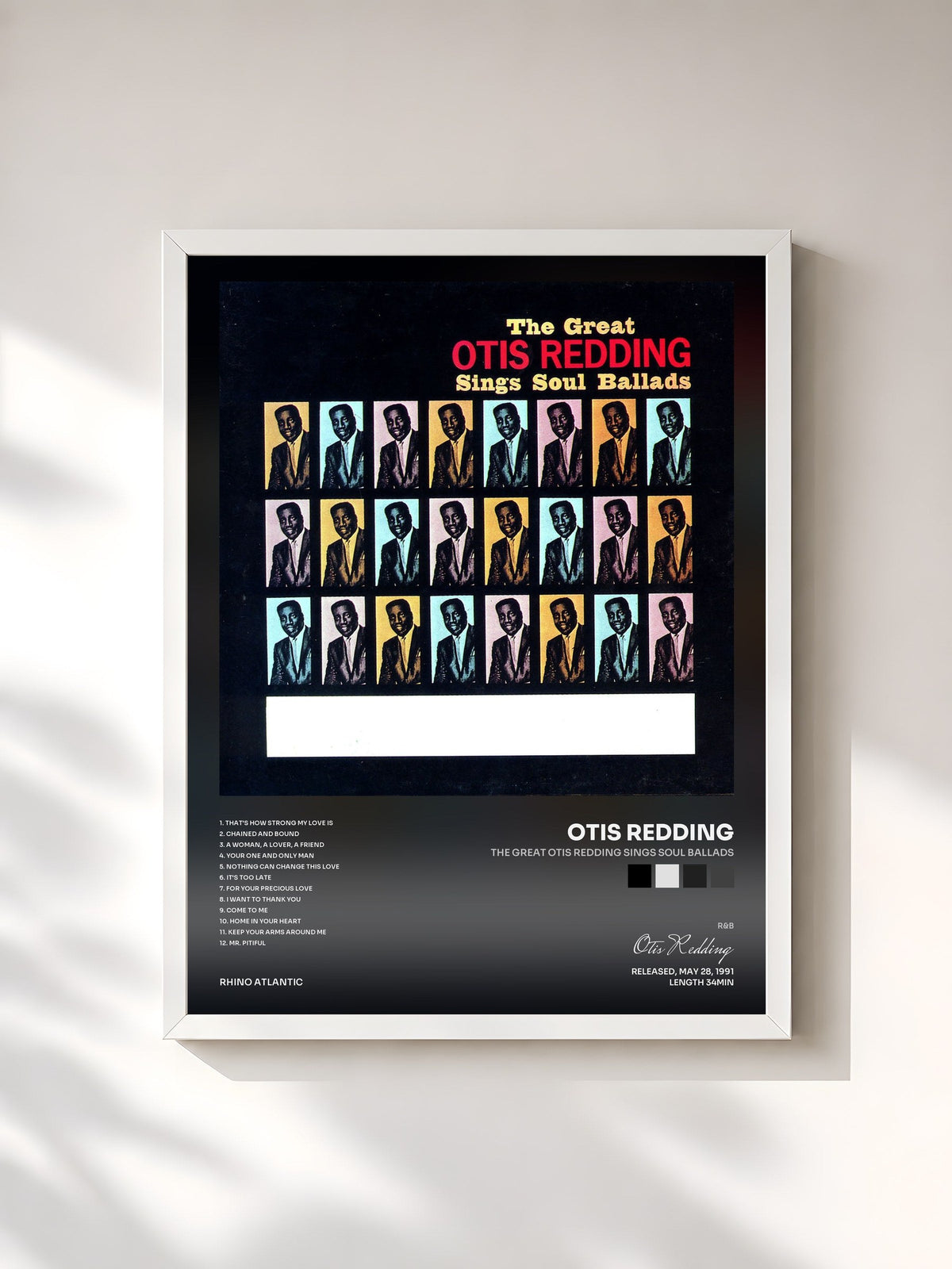 #blanc Tableau de l'album The Great Otis Redding Sings Soul Ballads de Otis Redding, cadre blanc, imprimé et encadré en France
