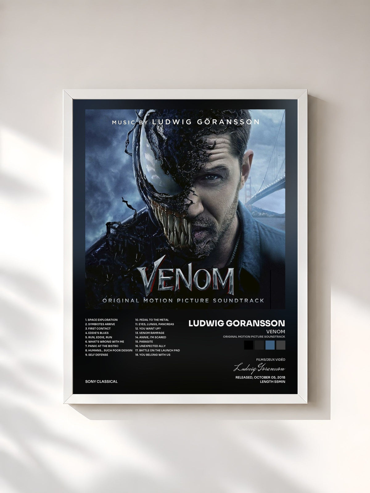 #blanc Tableau de l'album Venom (Original Motion Picture Soundtrack) de Ludwig Goransson, cadre blanc, imprimé et encadré en France