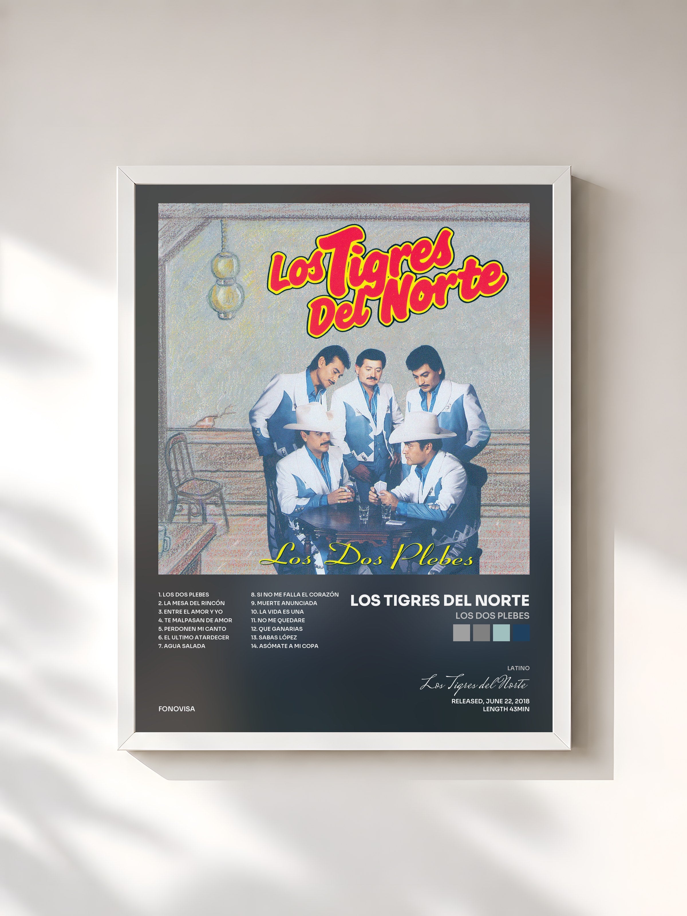 #blanc Tableau de l'album Los Dos Plebes de Los Tigres del Norte, cadre blanc, imprimé et encadré en France