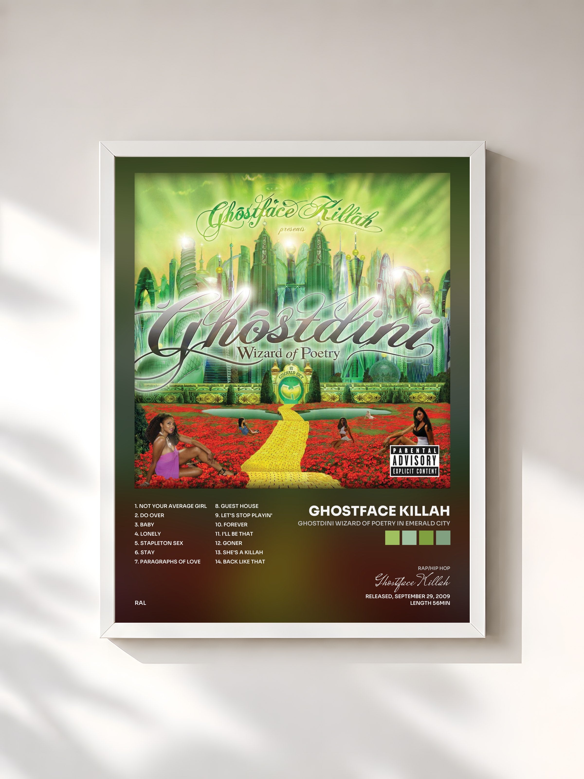#blanc Tableau de l'album Ghostdini Wizard Of Poetry In Emerald City de Ghostface Killah, cadre blanc, imprimé et encadré en France