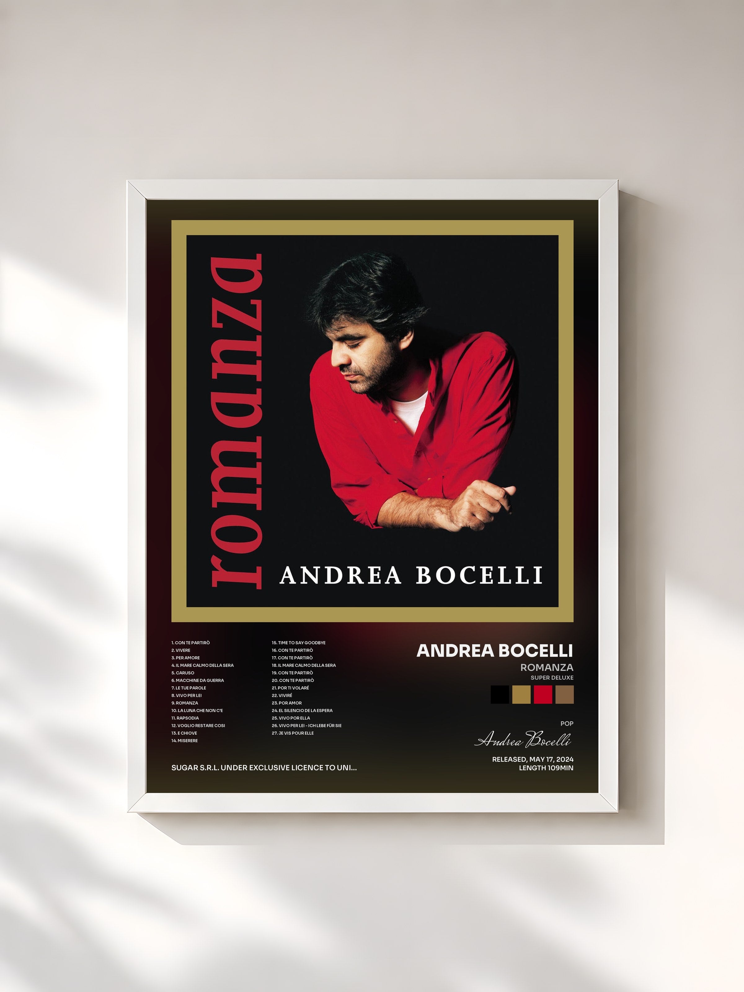 #blanc Tableau de l'album Romanza (Super Deluxe) de Andrea Bocelli, cadre blanc, imprimé et encadré en France