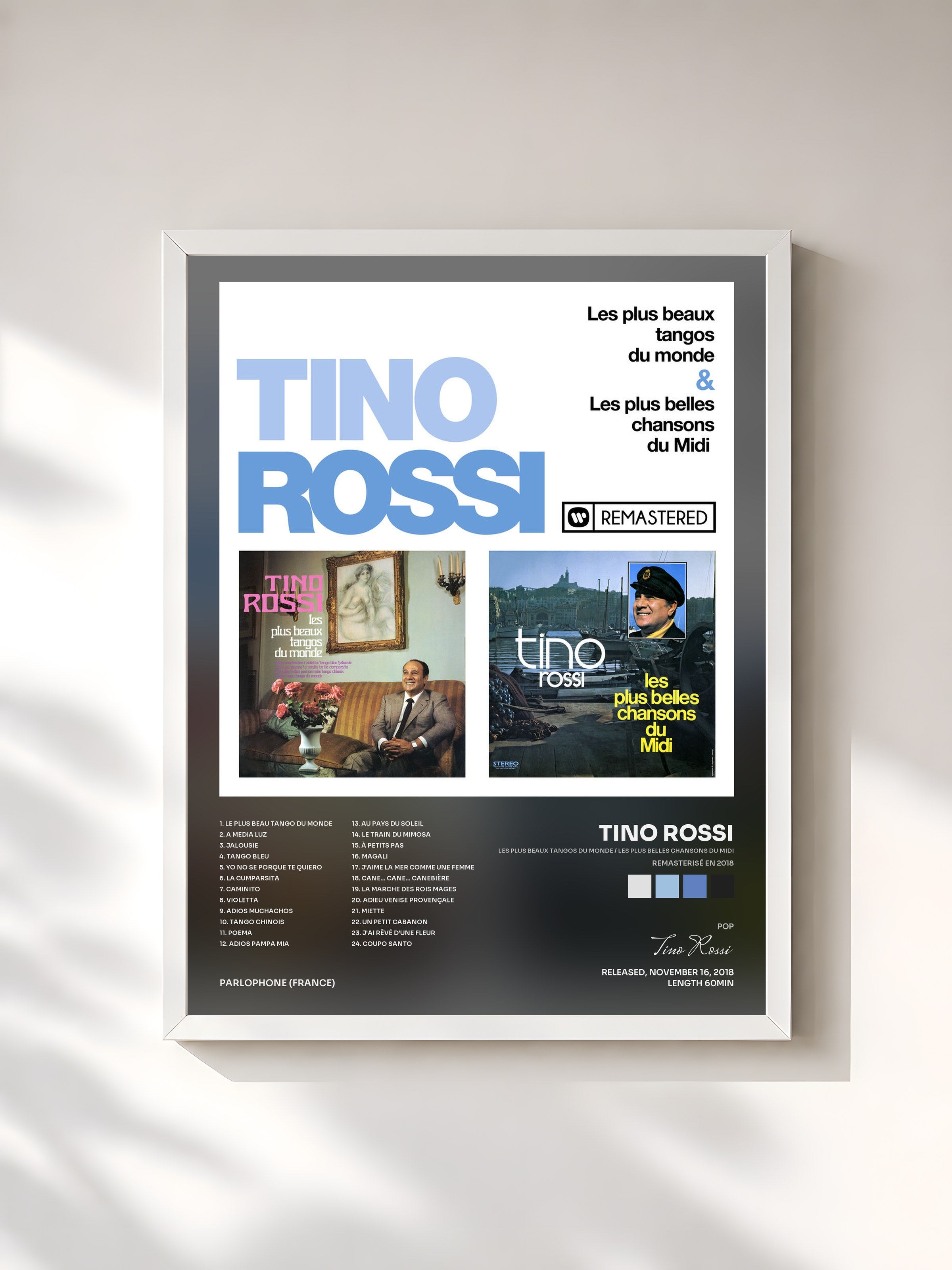 #blanc Tableau de l'album Les plus beaux tangos du monde / Les plus belles chansons du Midi (Remasterisé en 2018) de Tino Rossi, cadre blanc, imprimé et encadré en France