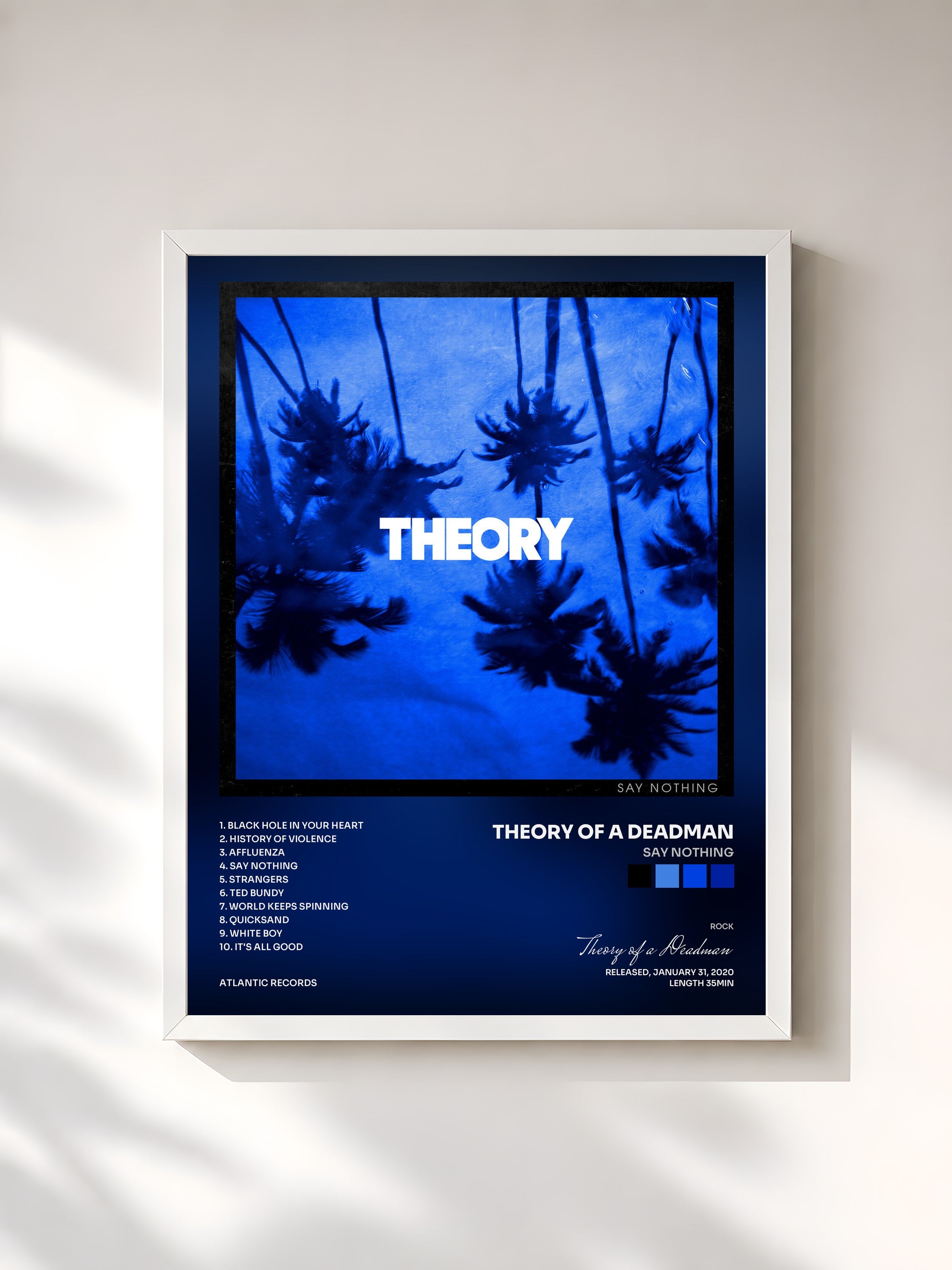 #blanc Tableau de l'album Say Nothing de Theory of a Deadman, cadre blanc, imprimé et encadré en France