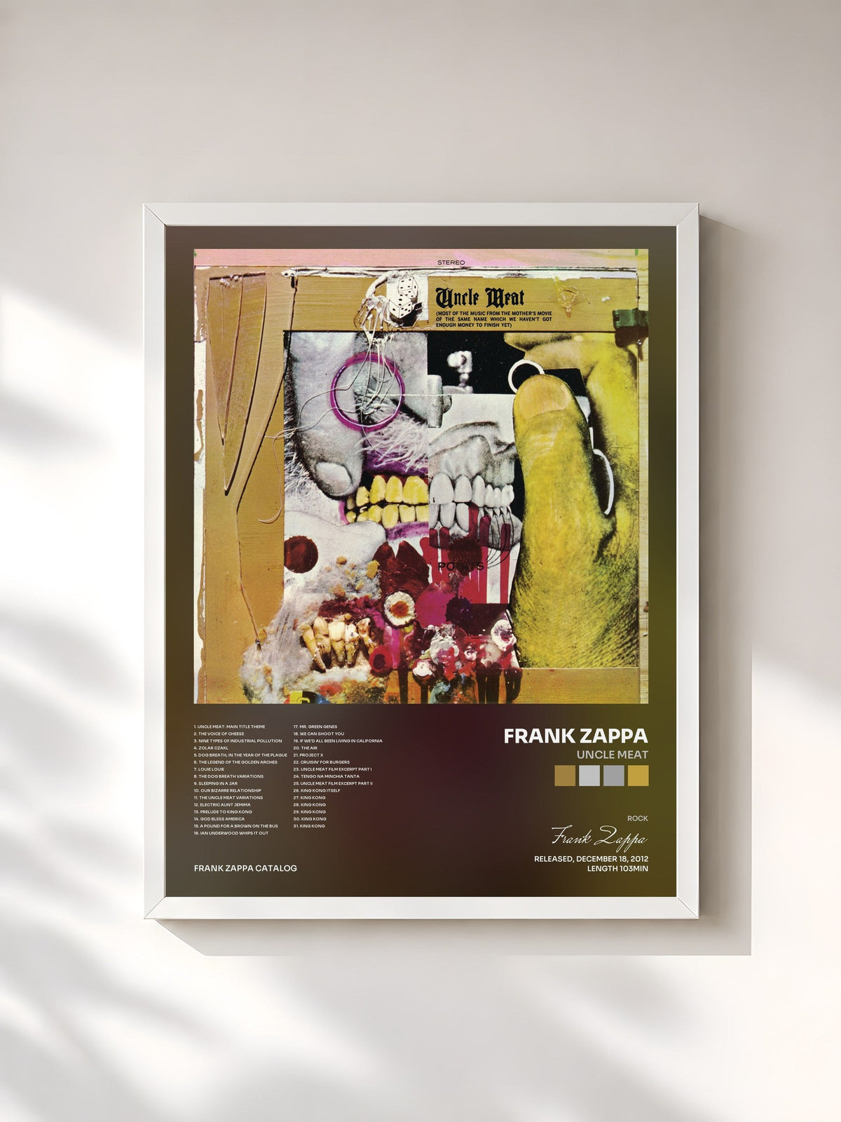 #blanc Tableau de l'album Uncle Meat de Frank Zappa, cadre blanc, imprimé et encadré en France