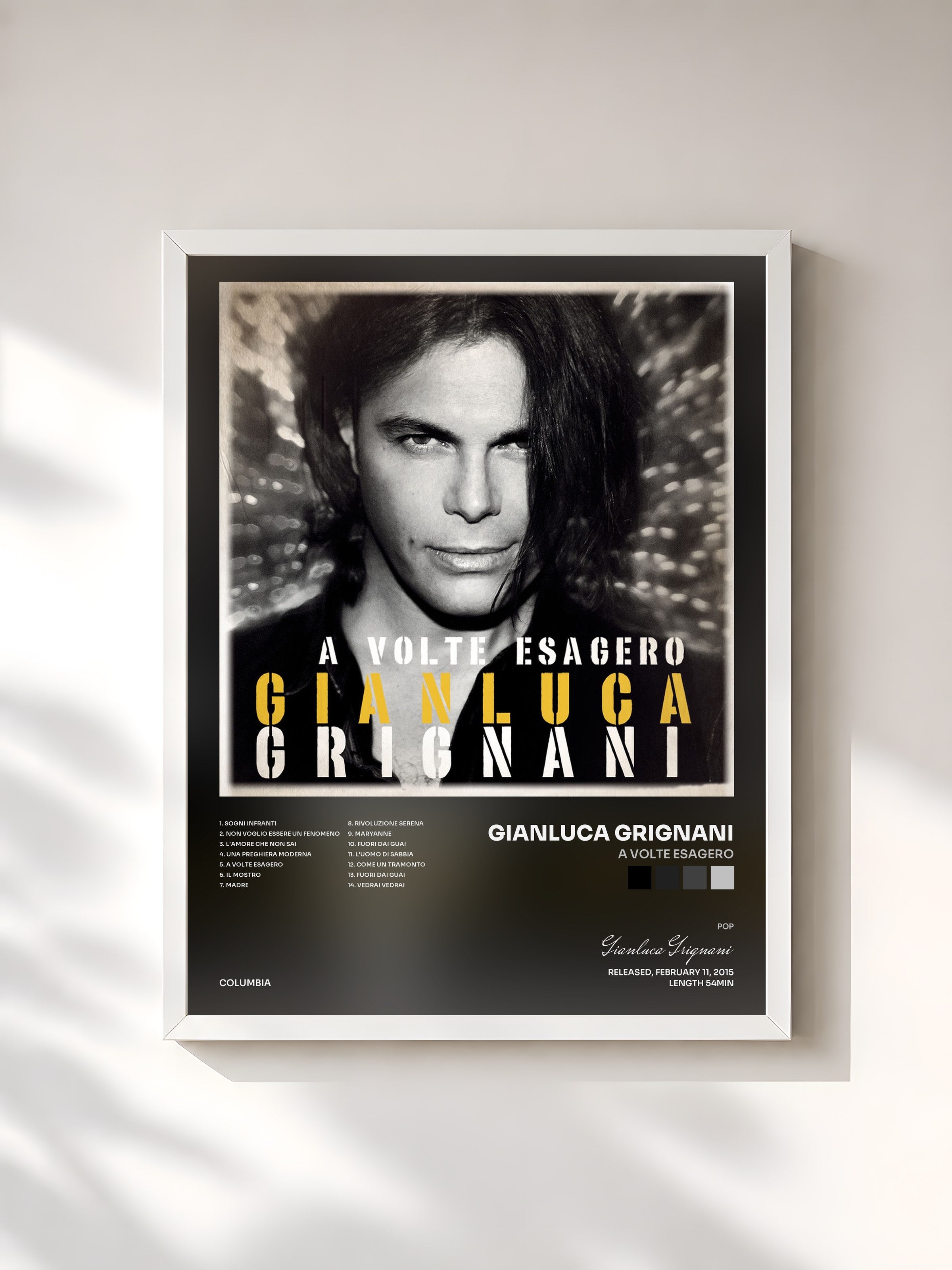 #blanc Tableau de l'album A volte esagero de Gianluca Grignani, cadre blanc, imprimé et encadré en France