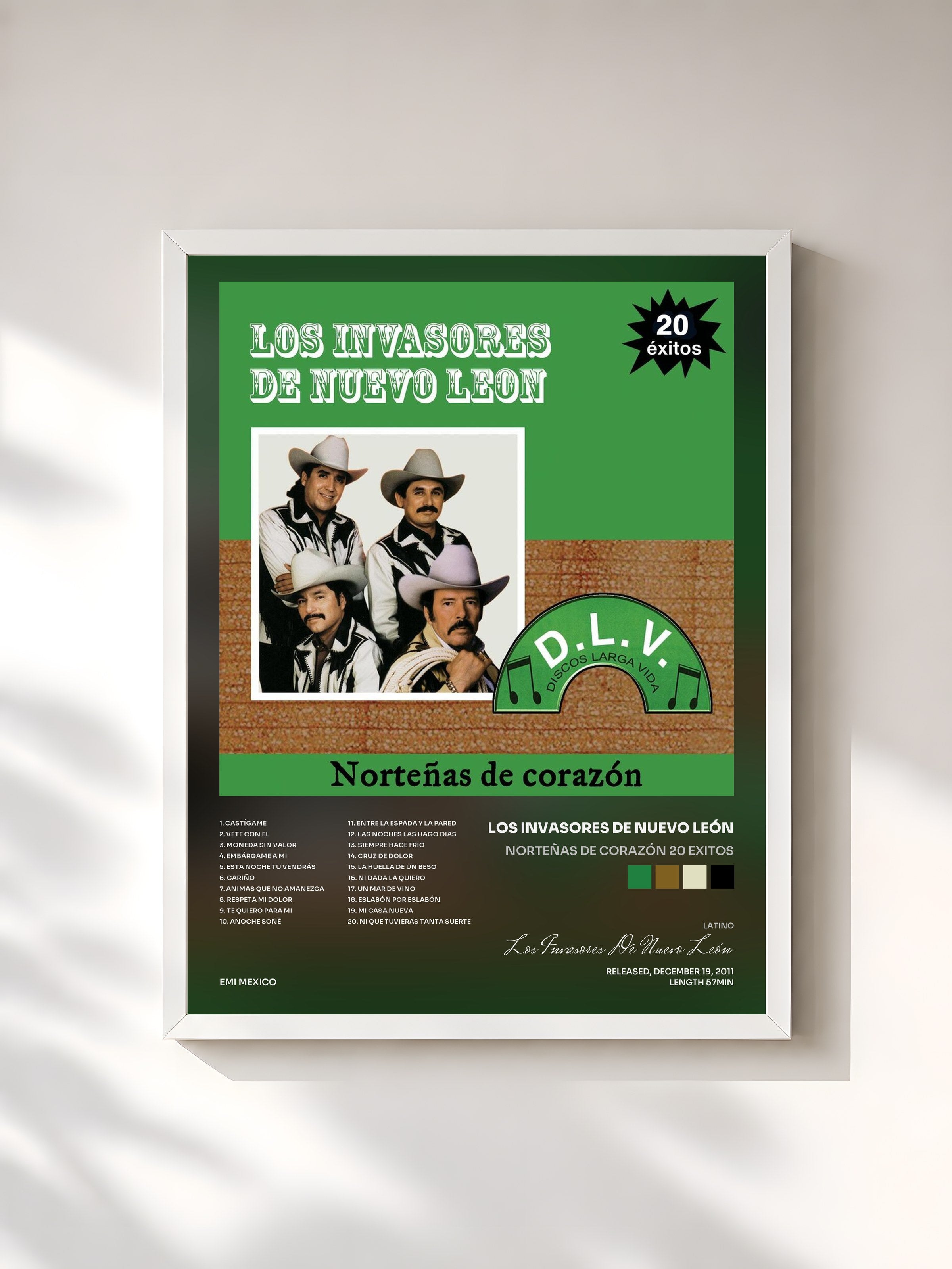 #blanc Tableau de l'album Norteñas De Corazón 20 Exitos de Los Invasores De Nuevo León, cadre blanc, imprimé et encadré en France