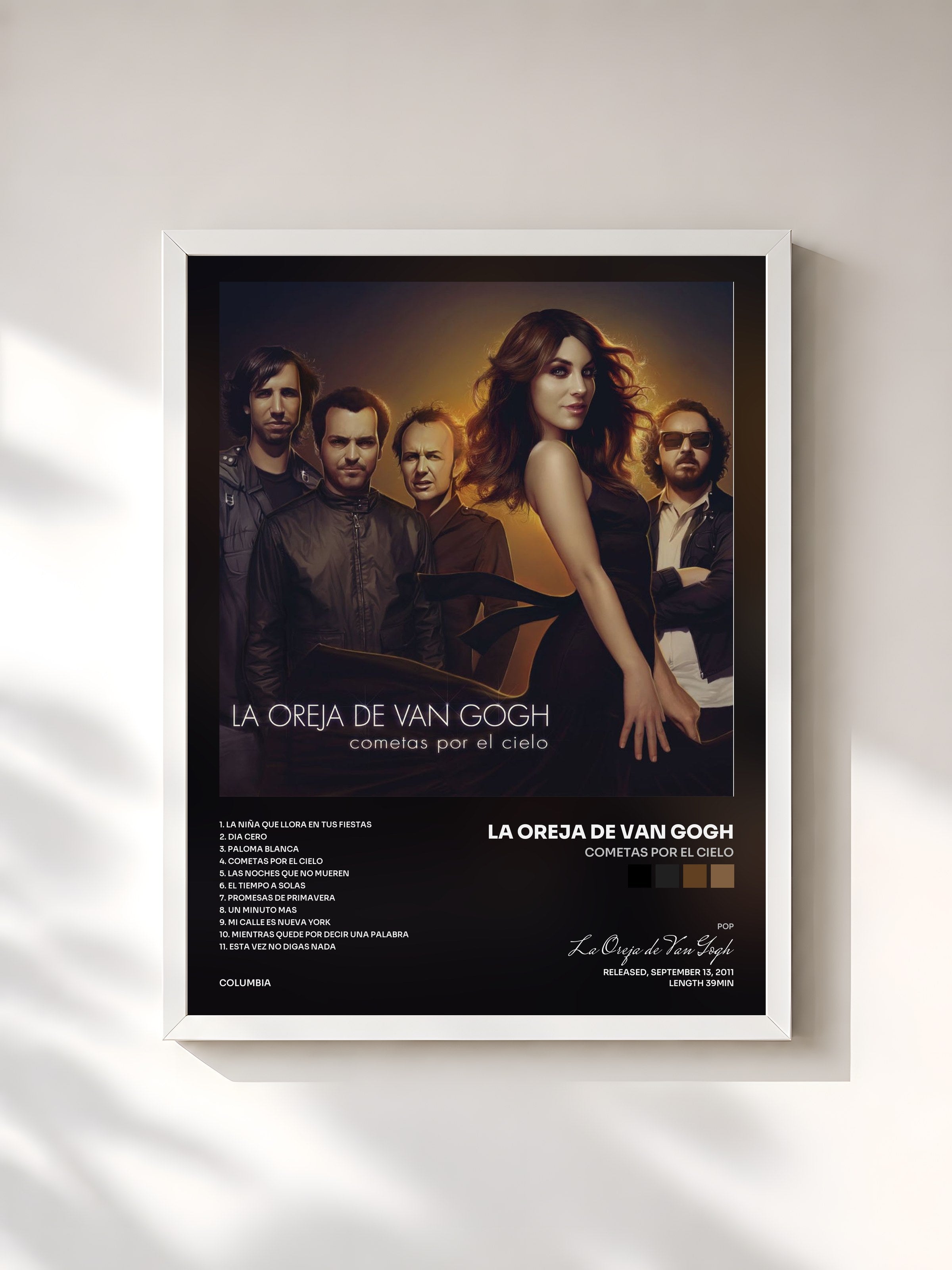 #blanc Tableau de l'album Cometas Por El Cielo de La Oreja de Van Gogh, cadre blanc, imprimé et encadré en France