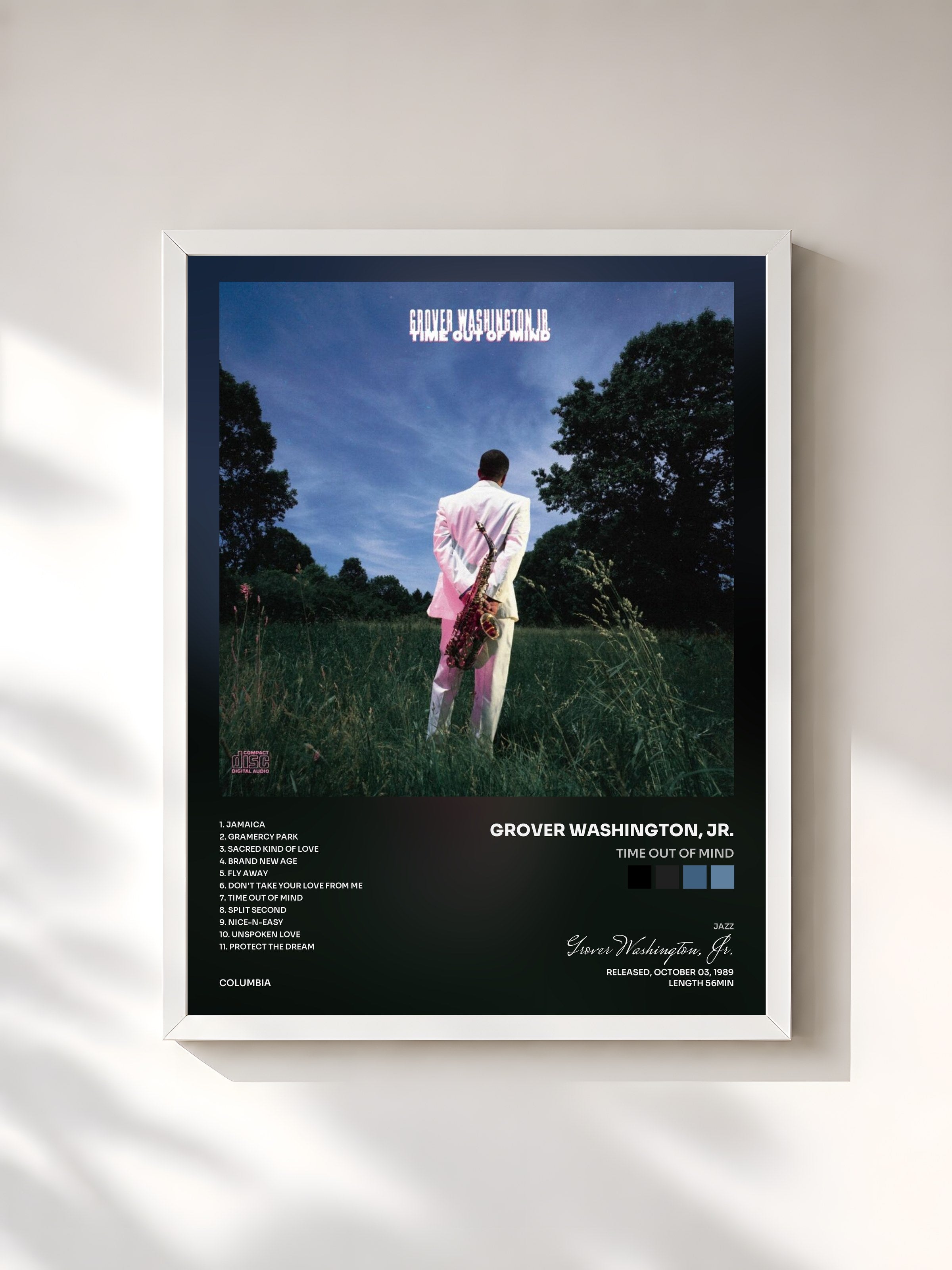 #blanc Tableau de l'album Time Out Of Mind de Grover Washington, Jr., cadre blanc, imprimé et encadré en France