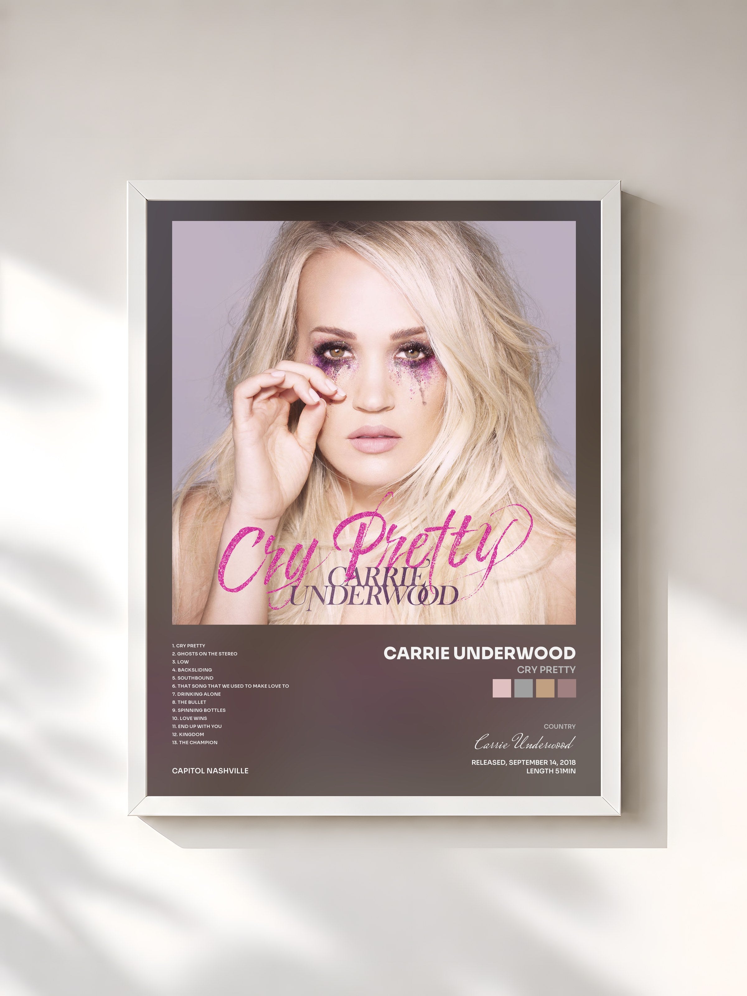 #blanc Tableau de l'album Cry Pretty de Carrie Underwood, cadre blanc, imprimé et encadré en France