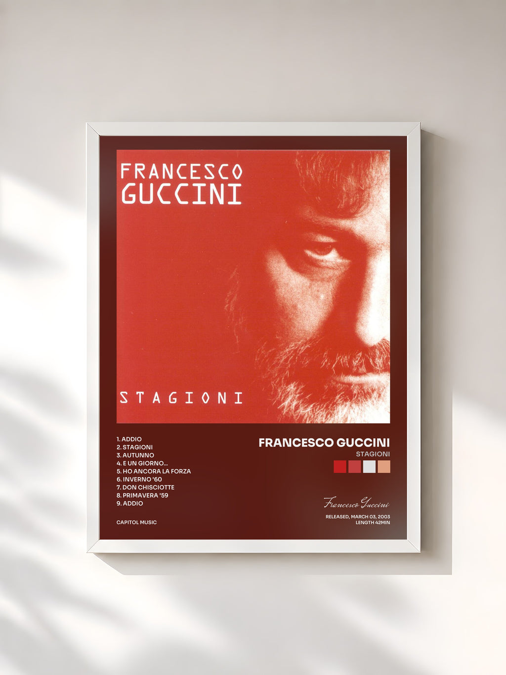 #blanc Tableau de l'album Stagioni de Francesco Guccini, cadre blanc, imprimé et encadré en France