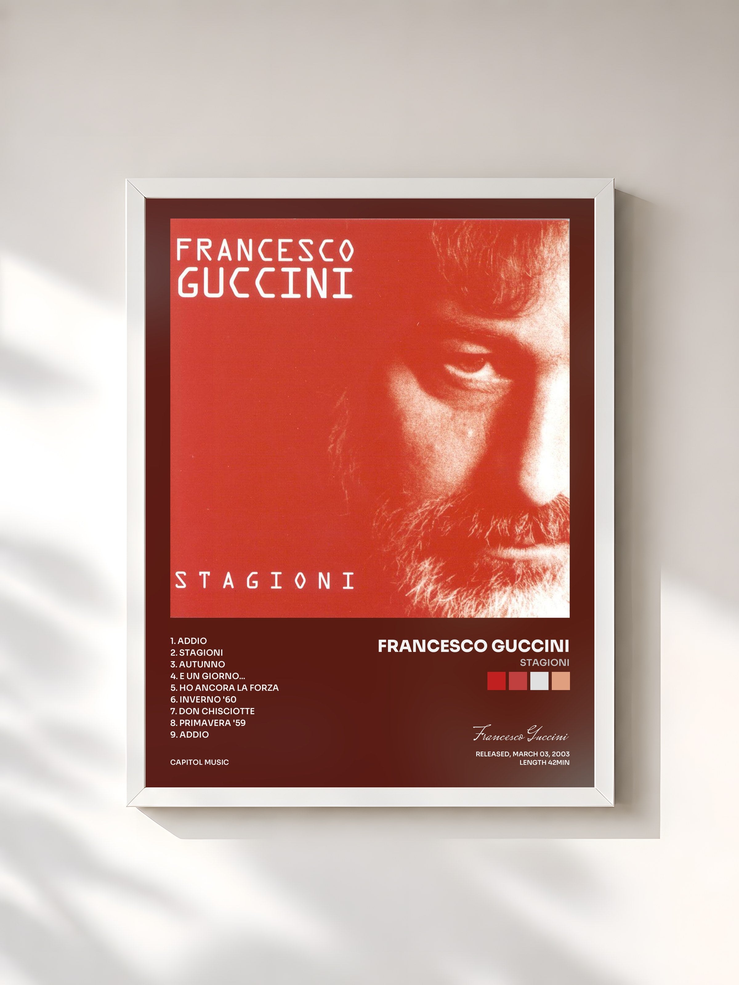 #blanc Tableau de l'album Stagioni de Francesco Guccini, cadre blanc, imprimé et encadré en France