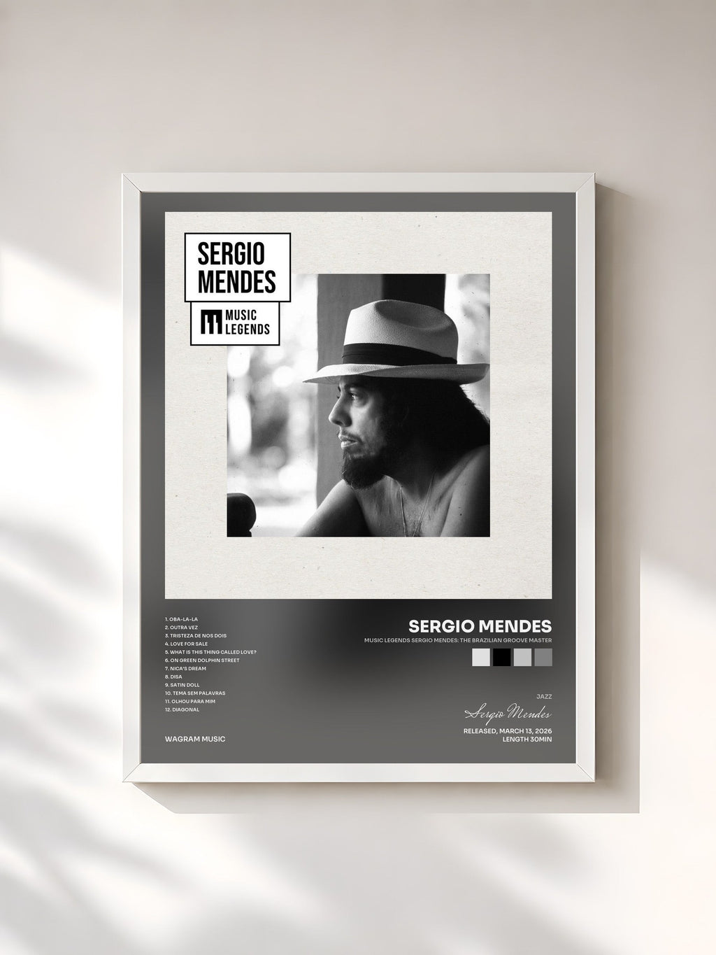 #blanc Music Legends Sergio Mendes: The Brazilian Groove Master di Sergio Mendes in stampa incorniciata, cornice bianca, stampata e incorniciata in Francia
