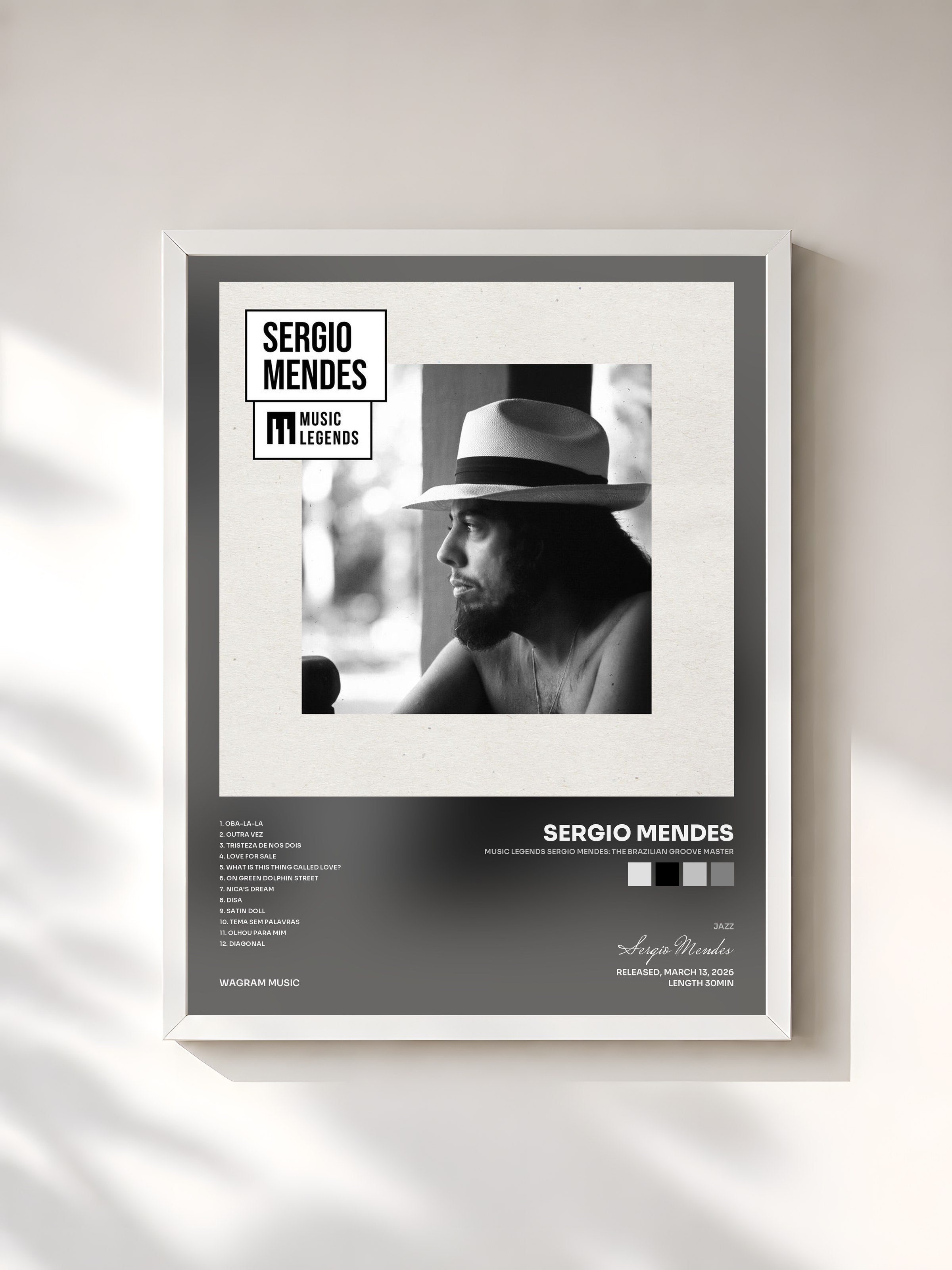 #blanc Tableau de l'album Music Legends Sergio Mendes: The Brazilian Groove Master de Sergio Mendes, cadre blanc, imprimé et encadré en France