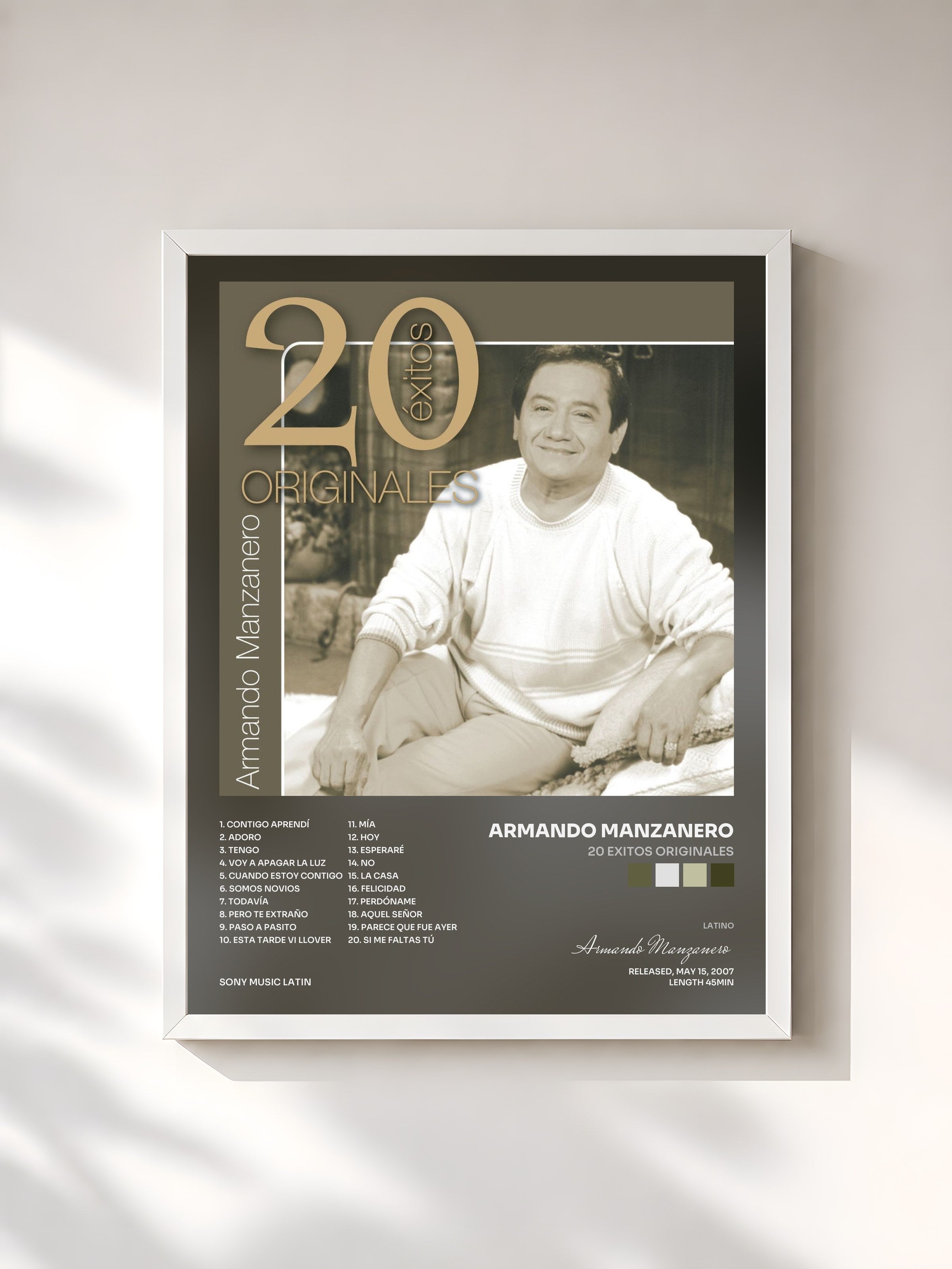 #blanc Tableau de l'album 20 Exitos Originales de Armando Manzanero, cadre blanc, imprimé et encadré en France