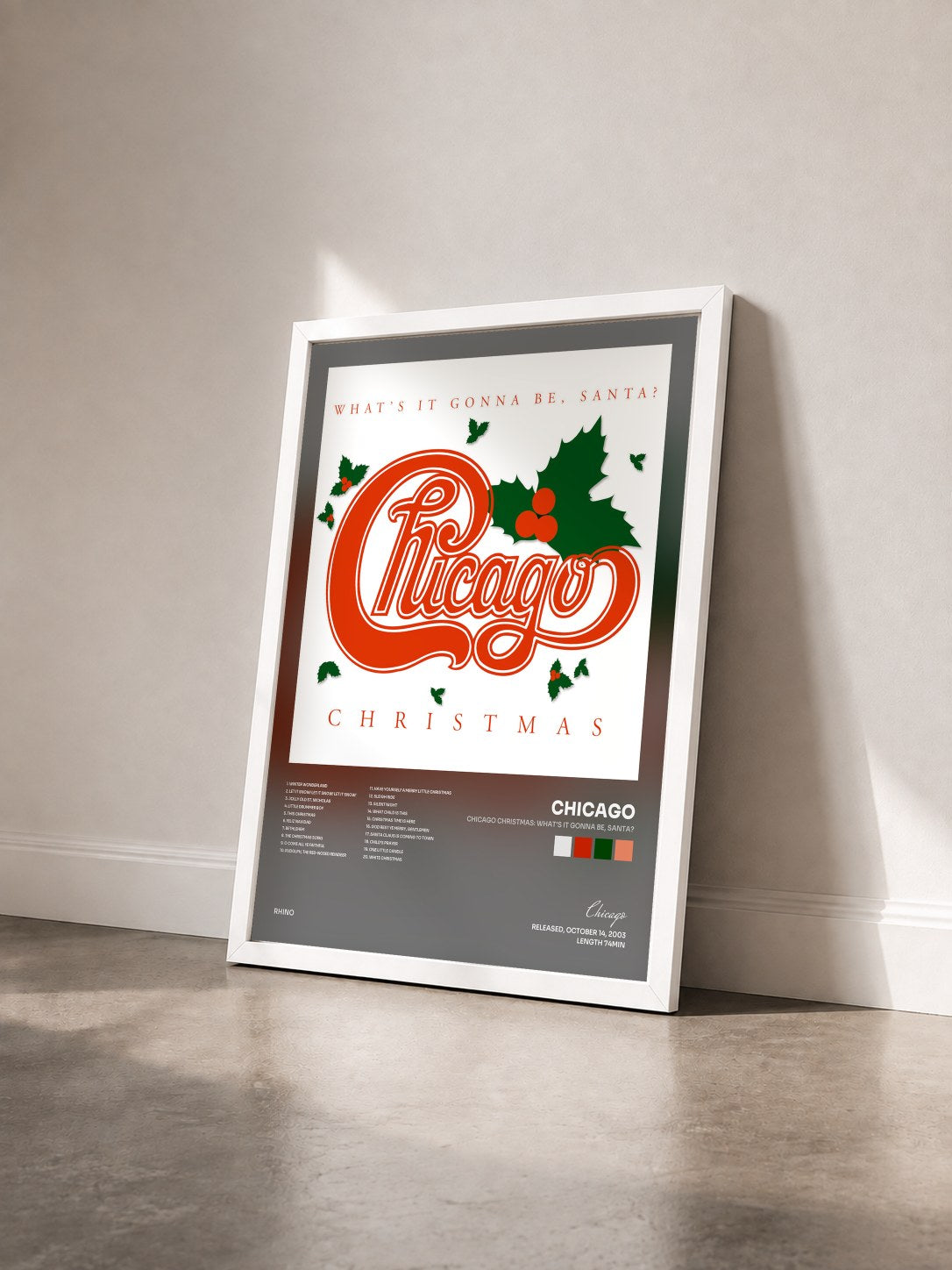 #blanc Chicago Christmas: What's It Gonna Be, Santa? de Chicago en lámina enmarcada vista de tres cuartos, marco blanco
