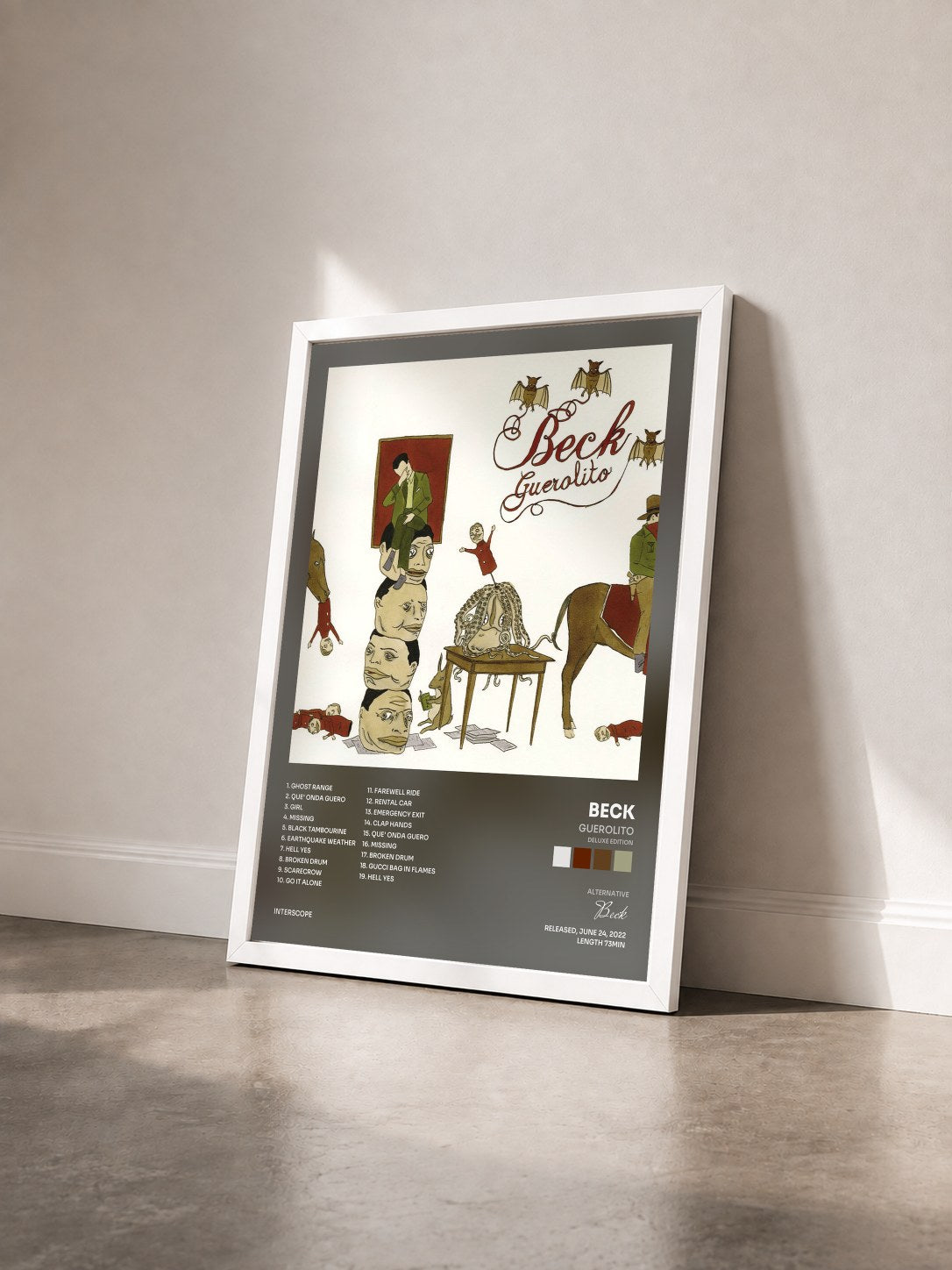 #blanc Tableau de l'album Guerolito (Deluxe Edition) de Beck vu de trois quarts, cadre blanc