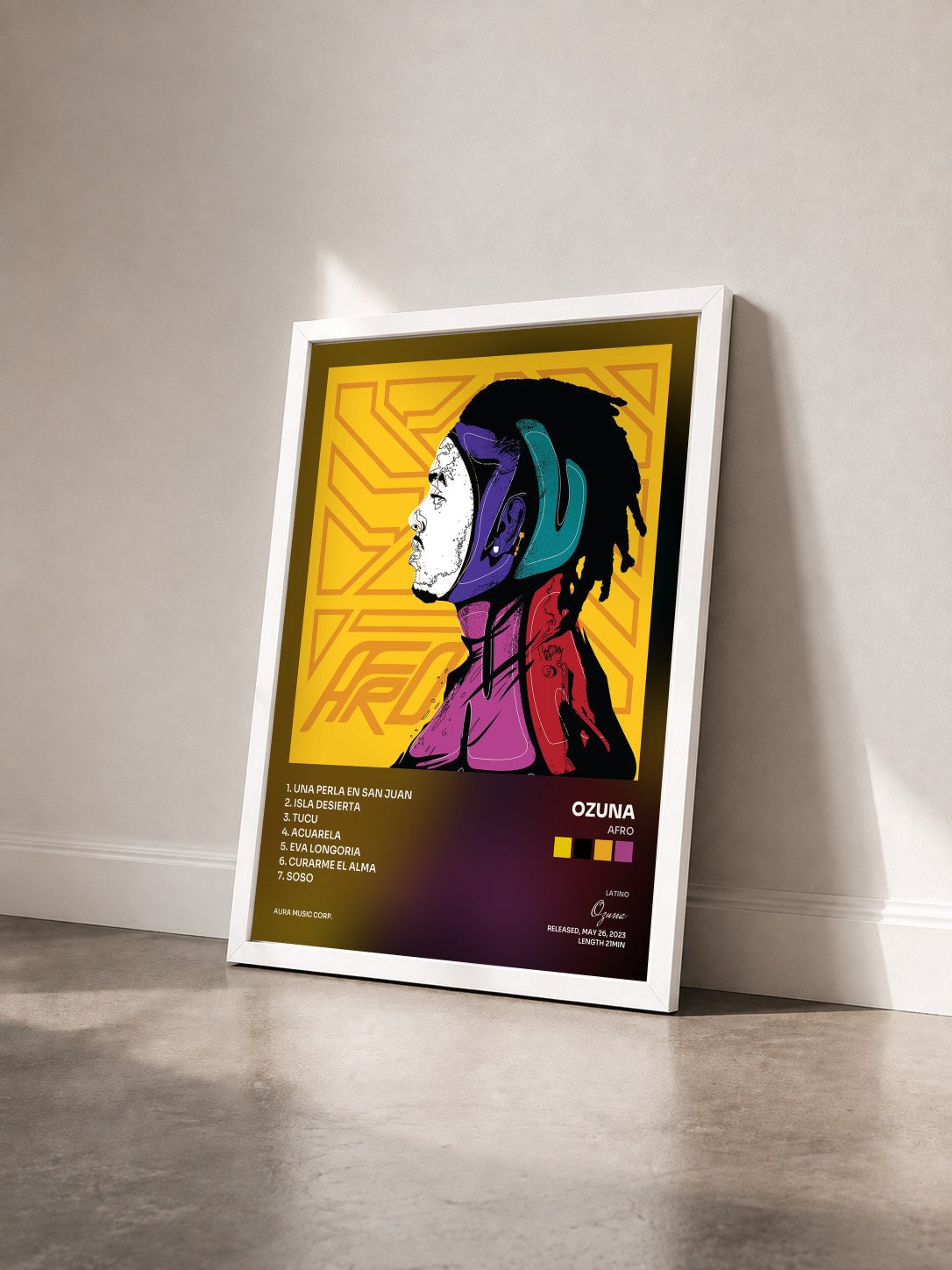 #blanc Tableau de l'album Afro de Ozuna vu de trois quarts, cadre blanc