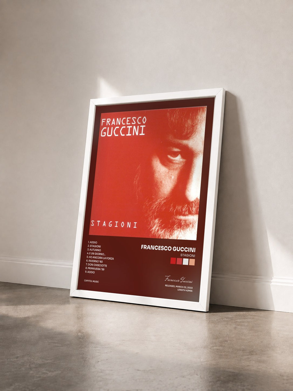 #blanc Tableau de l'album Stagioni de Francesco Guccini vu de trois quarts, cadre blanc