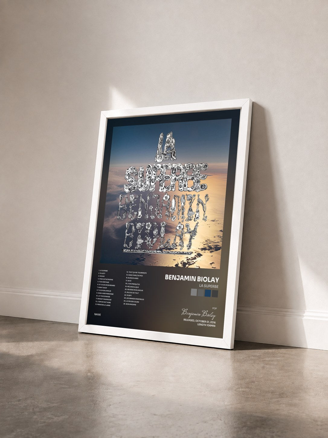 #blanc La Superbe by Benjamin Biolay as a framed art print seen at an angle, white frame