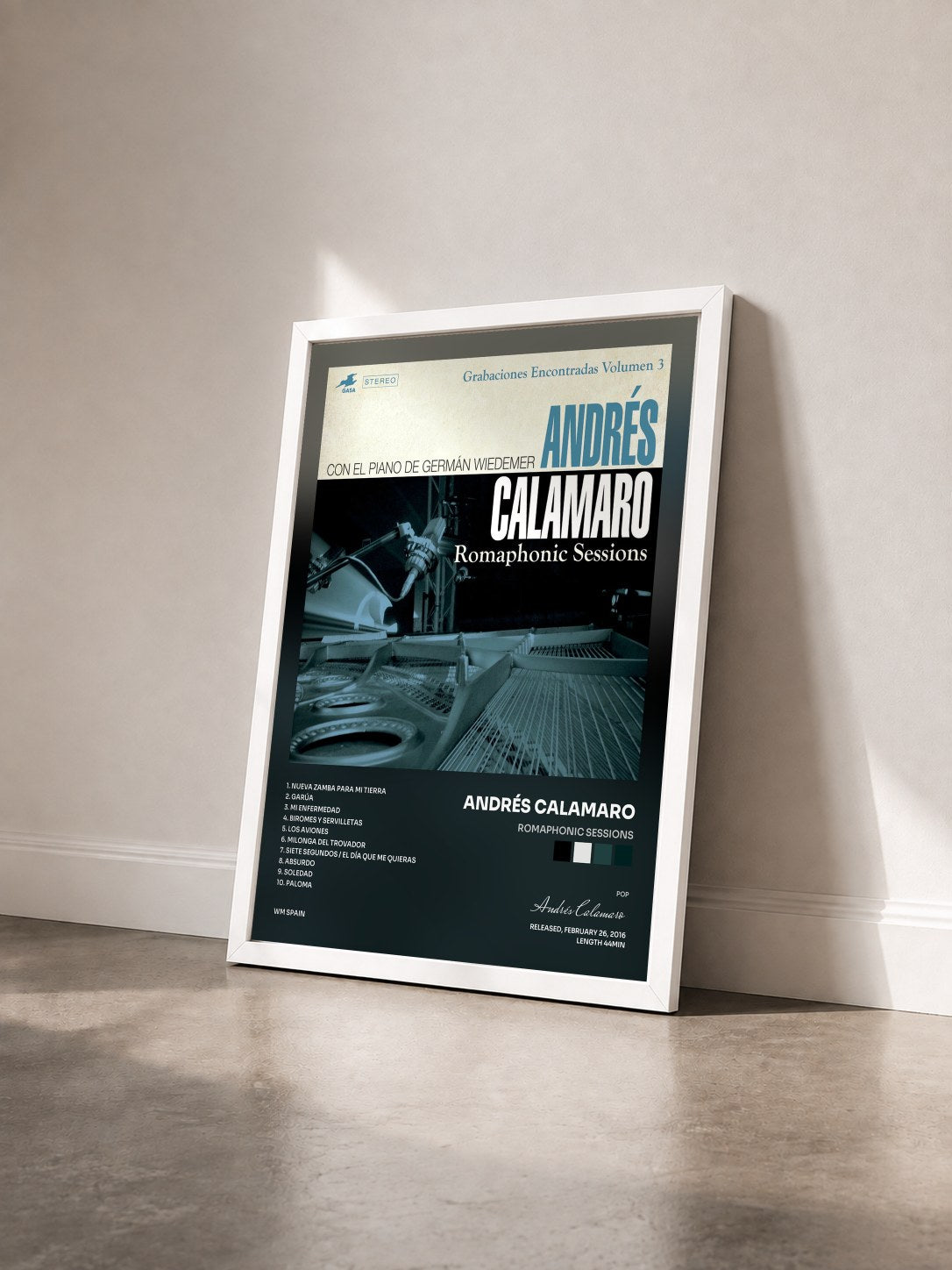 #blanc Tableau de l'album Romaphonic Sessions de Andrés Calamaro vu de trois quarts, cadre blanc