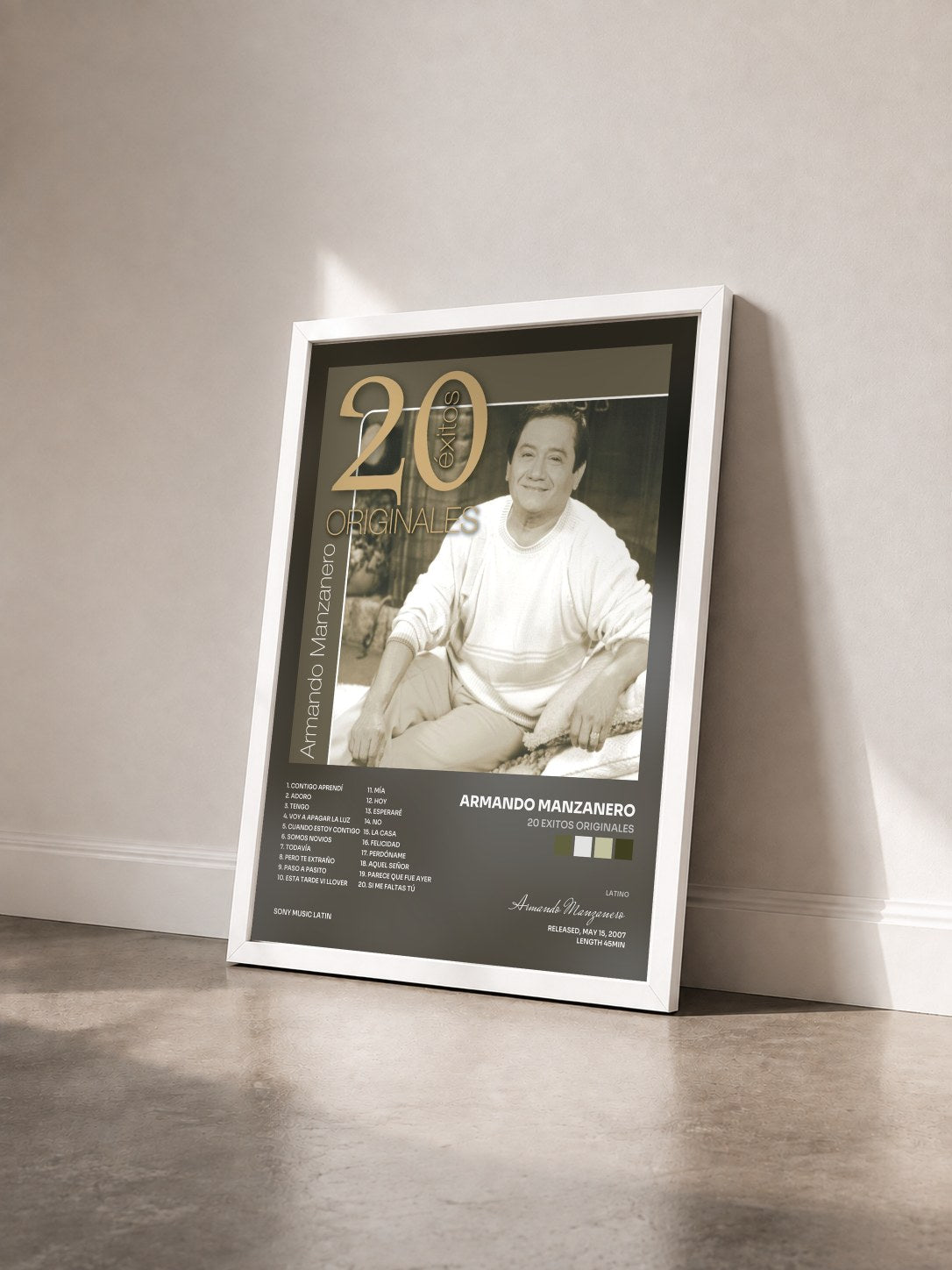 #blanc Tableau de l'album 20 Exitos Originales de Armando Manzanero vu de trois quarts, cadre blanc