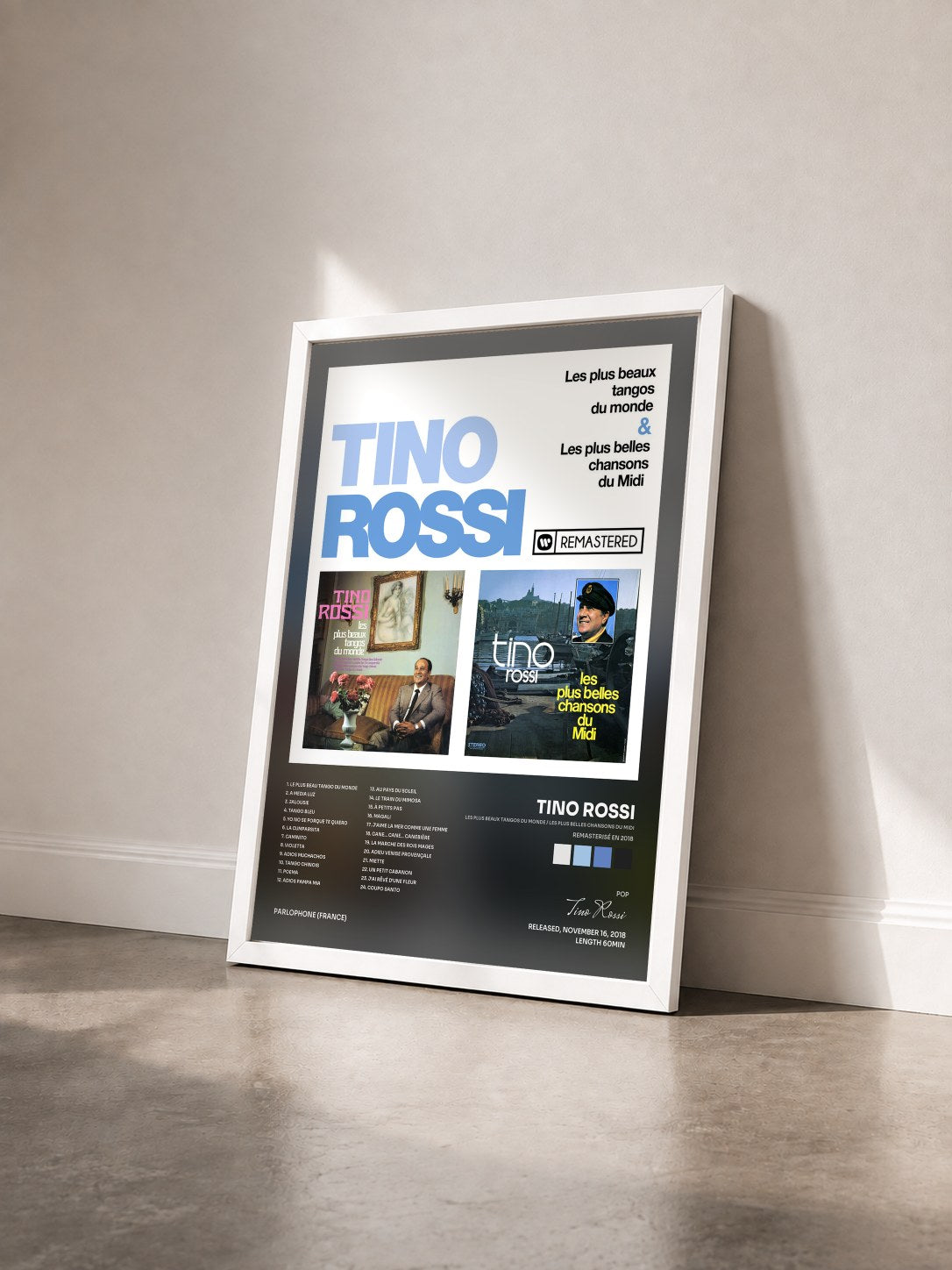 #blanc Tableau de l'album Les plus beaux tangos du monde / Les plus belles chansons du Midi (Remasterisé en 2018) de Tino Rossi vu de trois quarts, cadre blanc