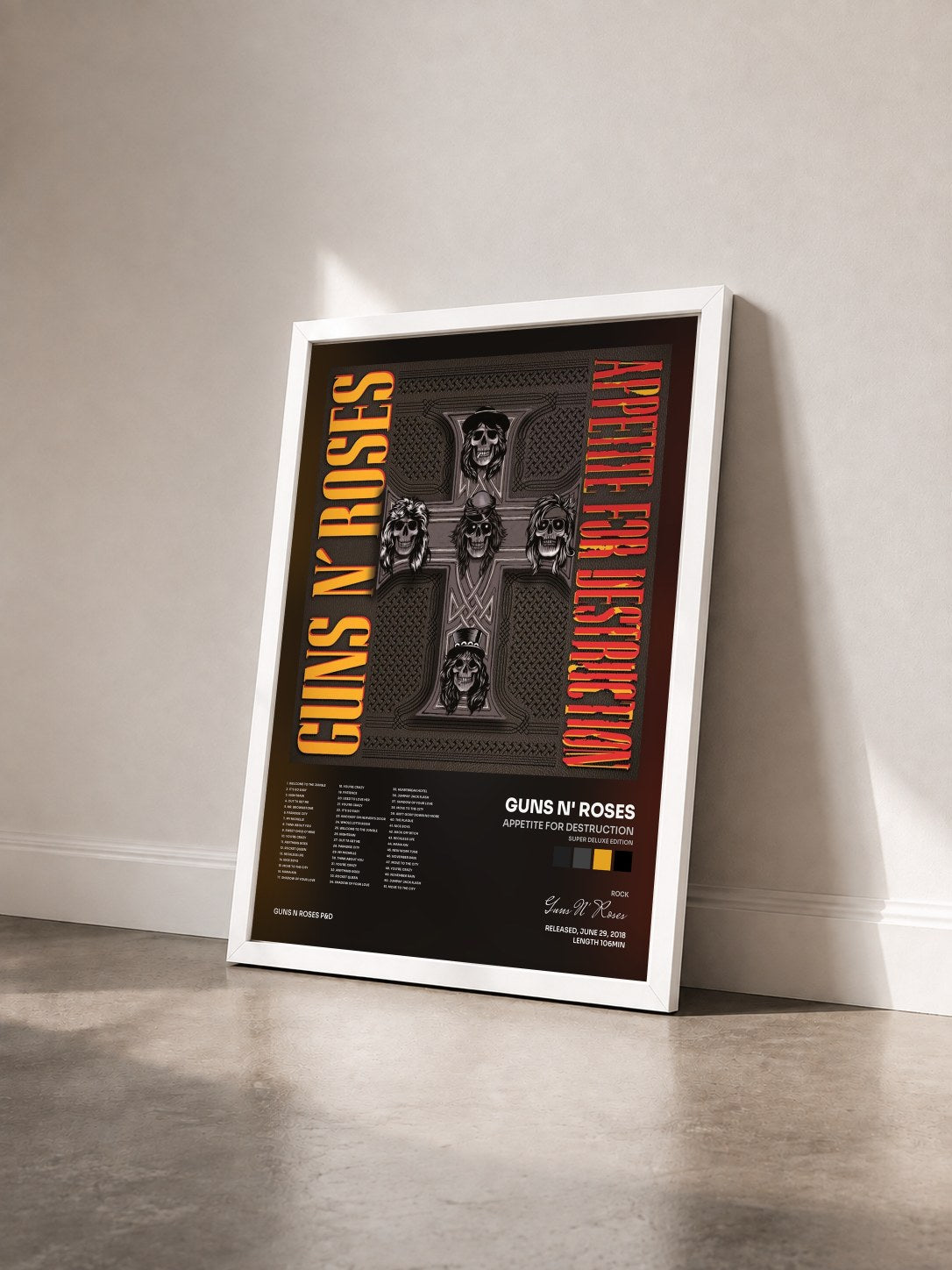 #blanc Appetite For Destruction (Super Deluxe Edition) de Guns N' Roses en lámina enmarcada vista de tres cuartos, marco blanco