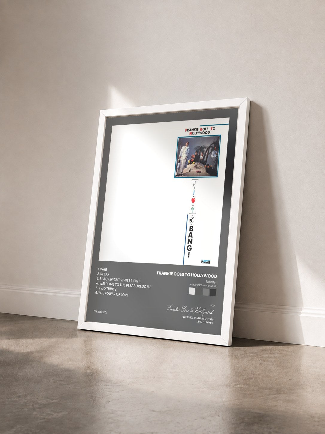 #blanc Tableau de l'album Bang! (Here Comes A Supernova) de Frankie Goes to Hollywood vu de trois quarts, cadre blanc
