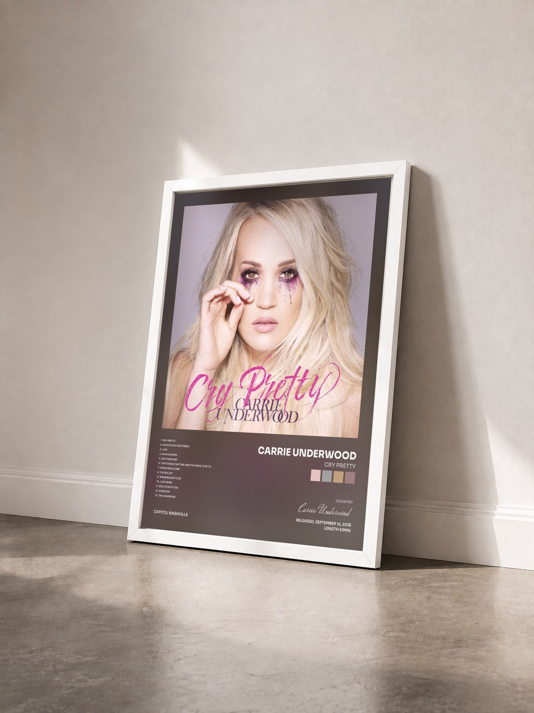 #blanc Tableau de l'album Cry Pretty de Carrie Underwood vu de trois quarts, cadre blanc