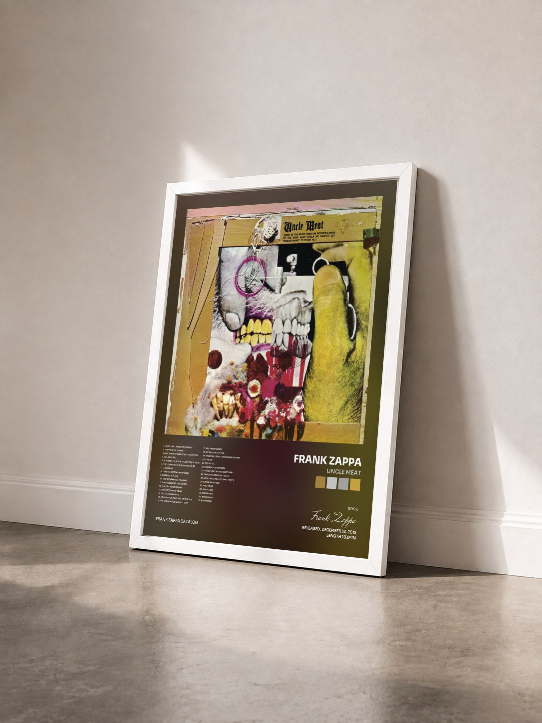 #blanc Tableau de l'album Uncle Meat de Frank Zappa vu de trois quarts, cadre blanc