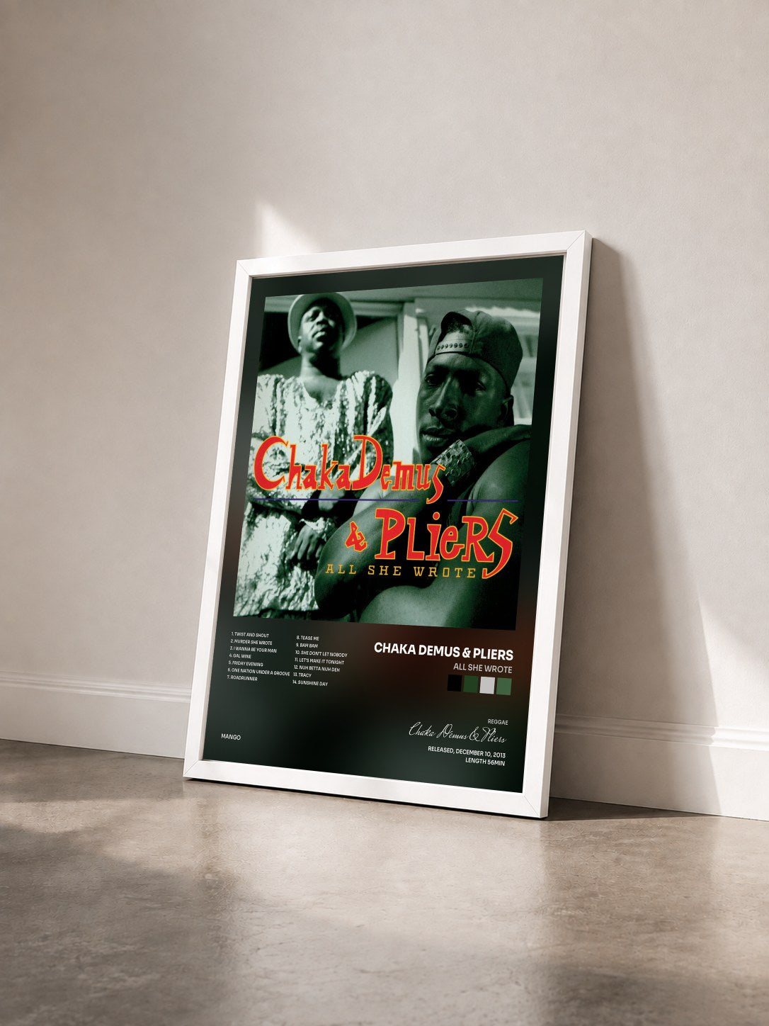 #blanc Tableau de l'album All She Wrote de Chaka Demus & Pliers vu de trois quarts, cadre blanc