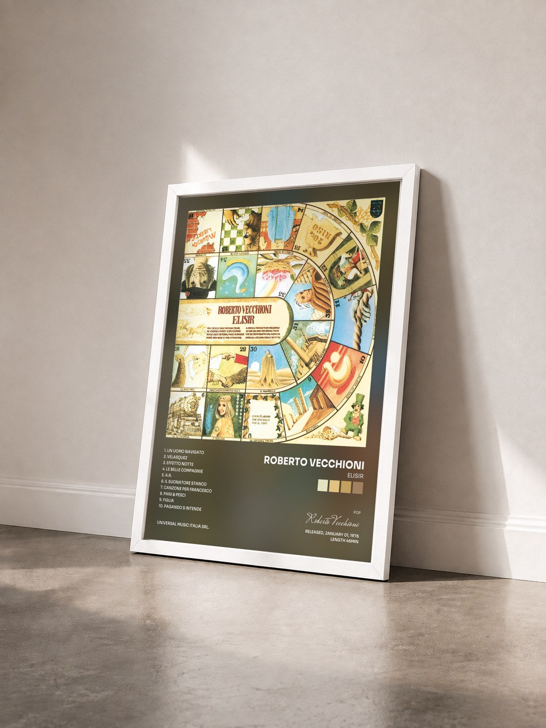 #blanc Tableau de l'album Elisir de Roberto Vecchioni vu de trois quarts, cadre blanc