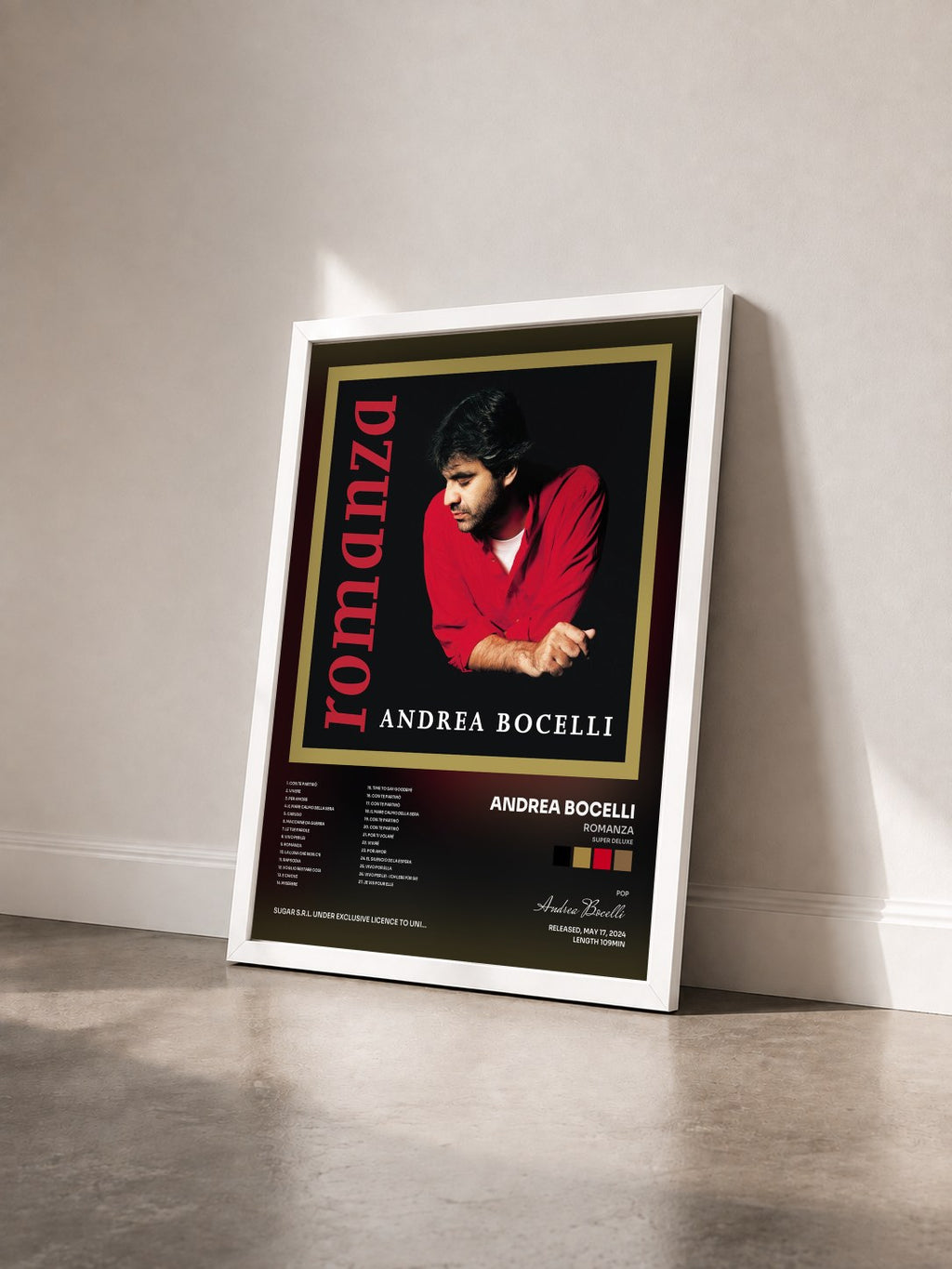 #blanc Tableau de l'album Romanza (Super Deluxe) de Andrea Bocelli vu de trois quarts, cadre blanc