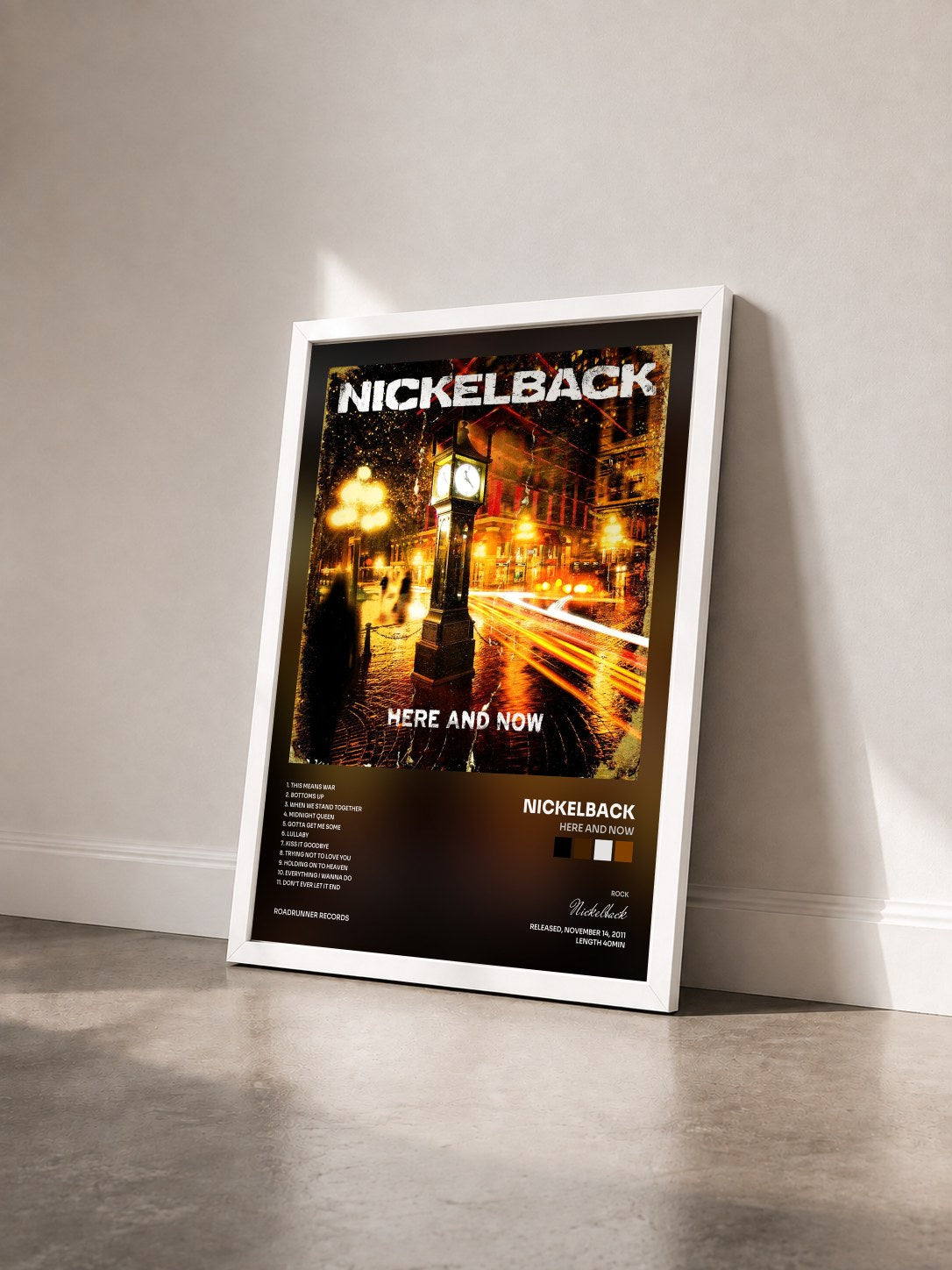 #blanc Here and Now de Nickelback en lámina enmarcada vista de tres cuartos, marco blanco