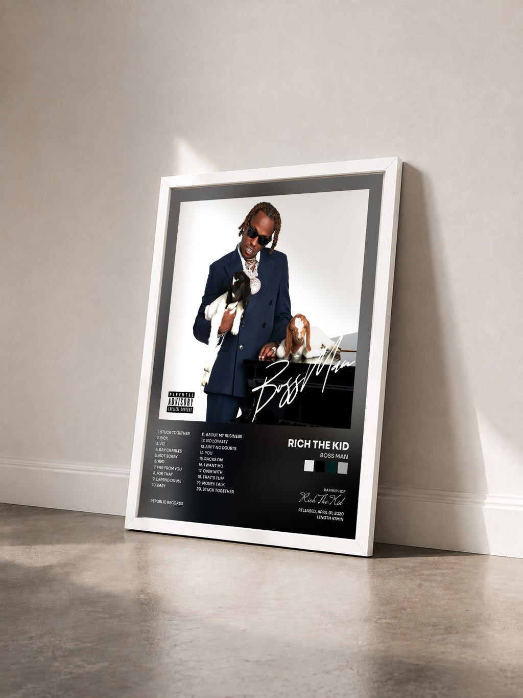 #blanc BOSS MAN by Rich The Kid as a framed art print seen at an angle, white frame