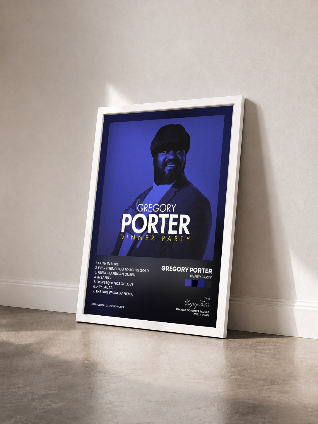 #blanc Dinner Party by Gregory Porter as a framed art print seen at an angle, white frame