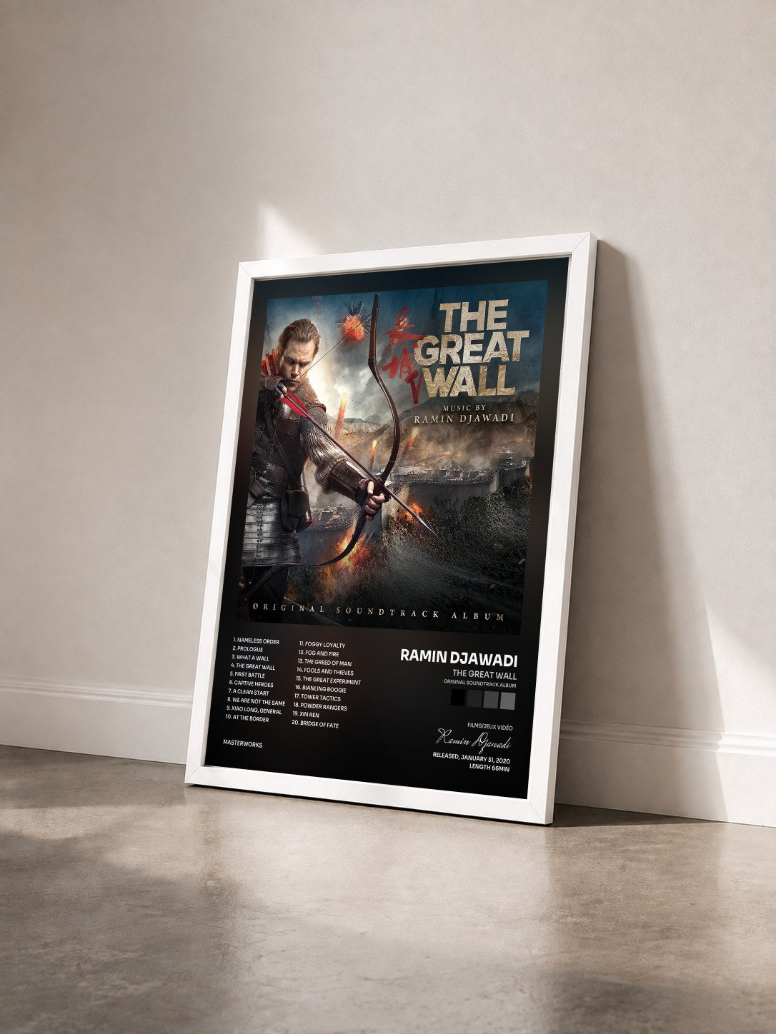 #blanc Tableau de l'album The Great Wall (Original Soundtrack Album) de Ramin Djawadi vu de trois quarts, cadre blanc
