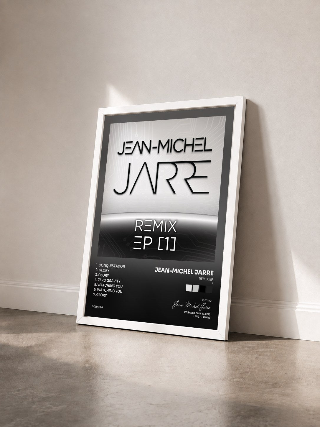 #blanc Tableau de l'album Remix EP (I) de Jean-Michel Jarre vu de trois quarts, cadre blanc