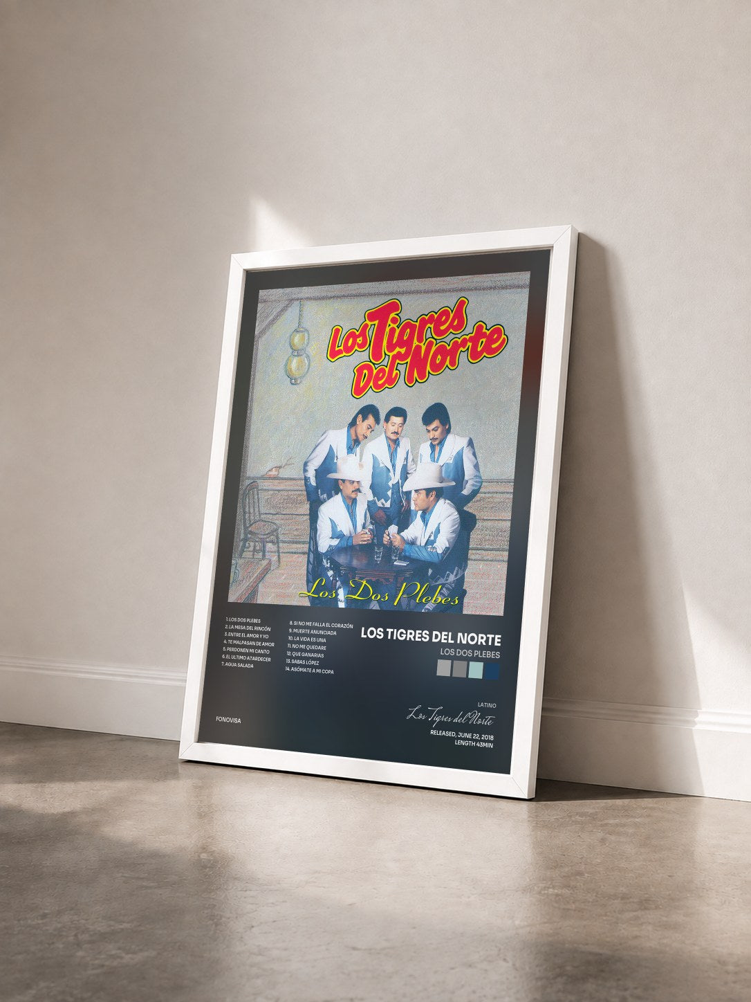 #blanc Tableau de l'album Los Dos Plebes de Los Tigres del Norte vu de trois quarts, cadre blanc