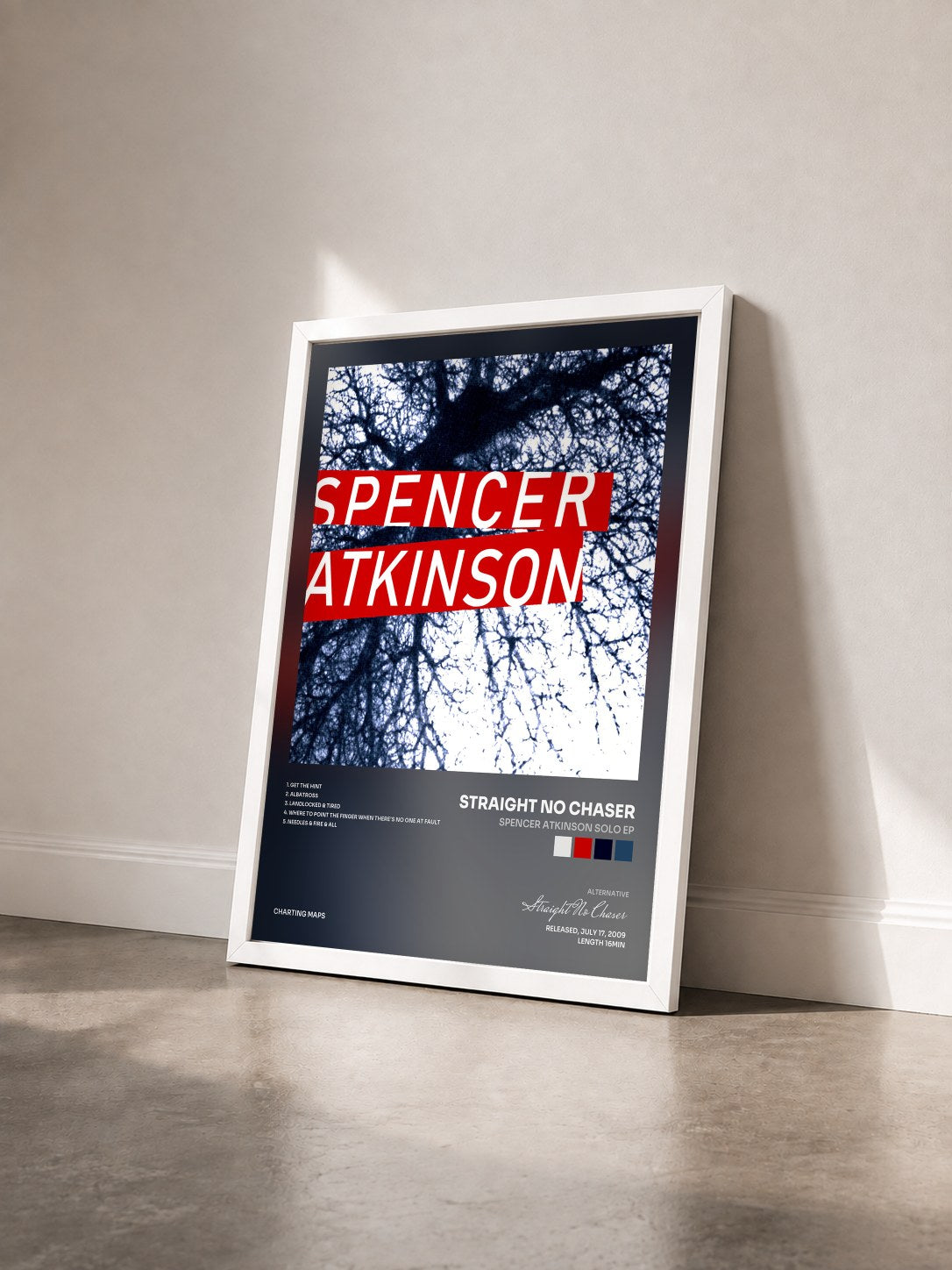 #blanc Tableau de l'album Spencer Atkinson Solo EP de Straight No Chaser vu de trois quarts, cadre blanc