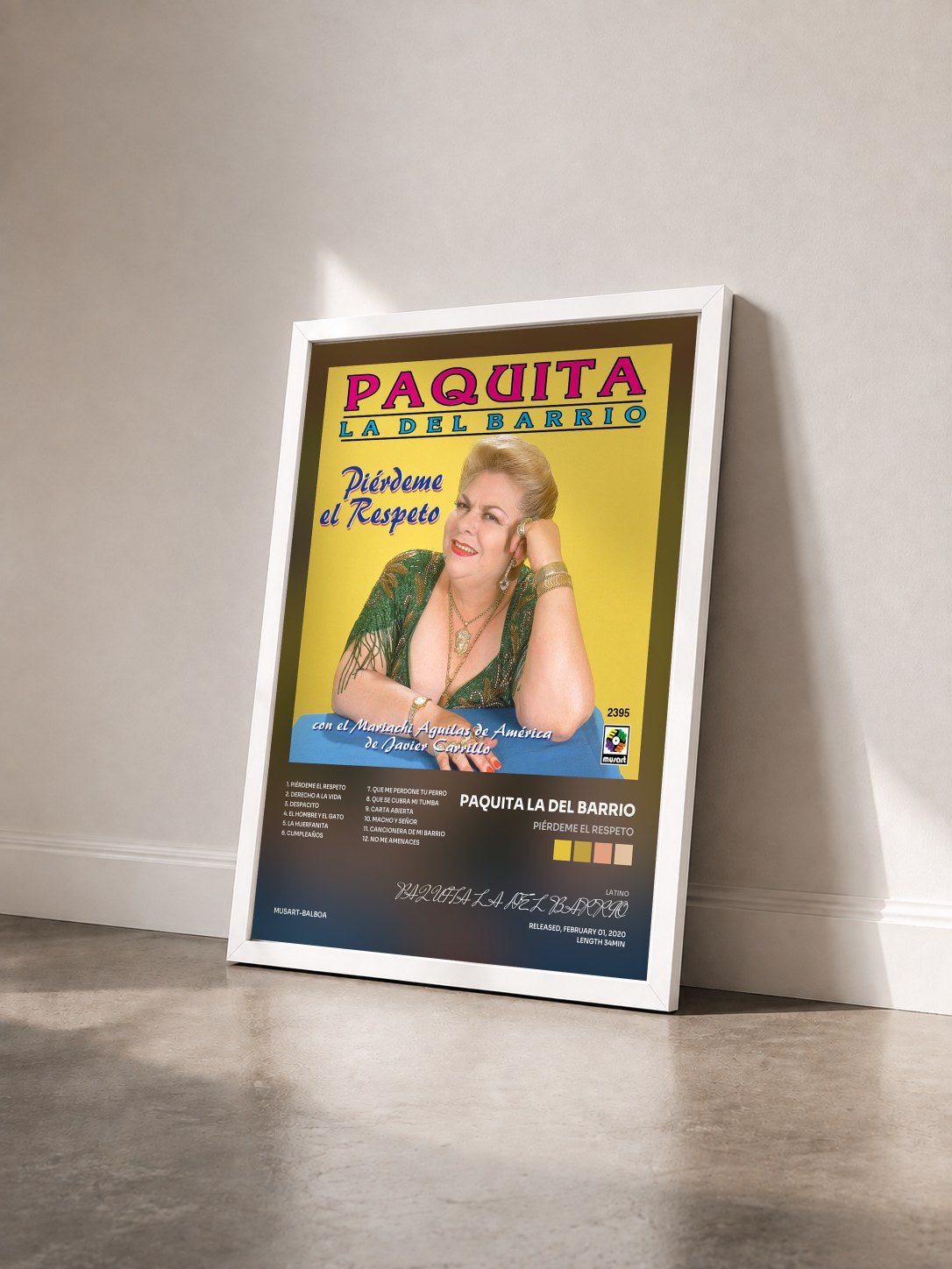 #blanc Tableau de l'album Piérdeme el Respeto de PAQUITA LA DEL BARRIO vu de trois quarts, cadre blanc